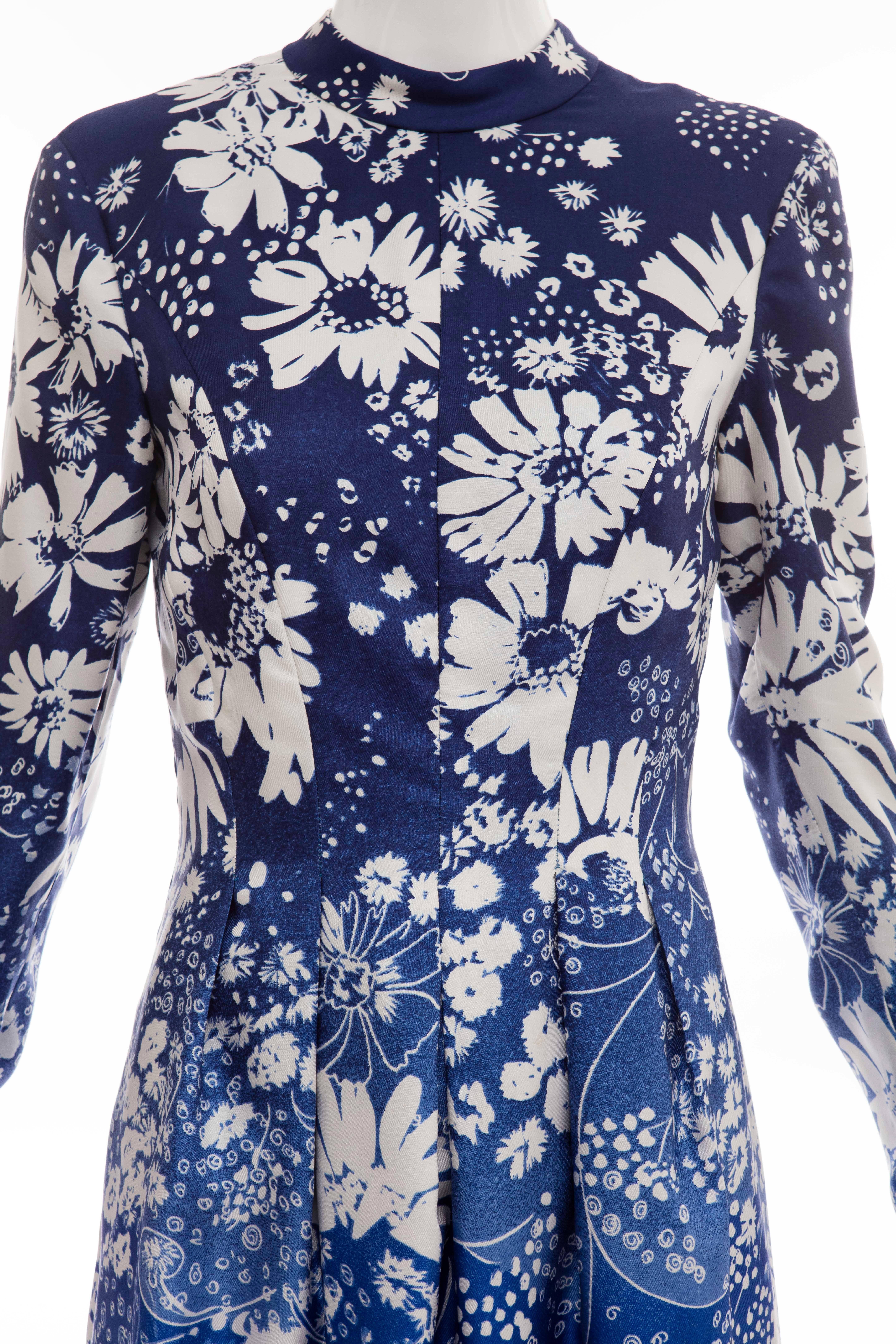 Pauline Trigere Navy Blue Ombre Silk Floral Long Sleeve Dress, Circa 1980's 2