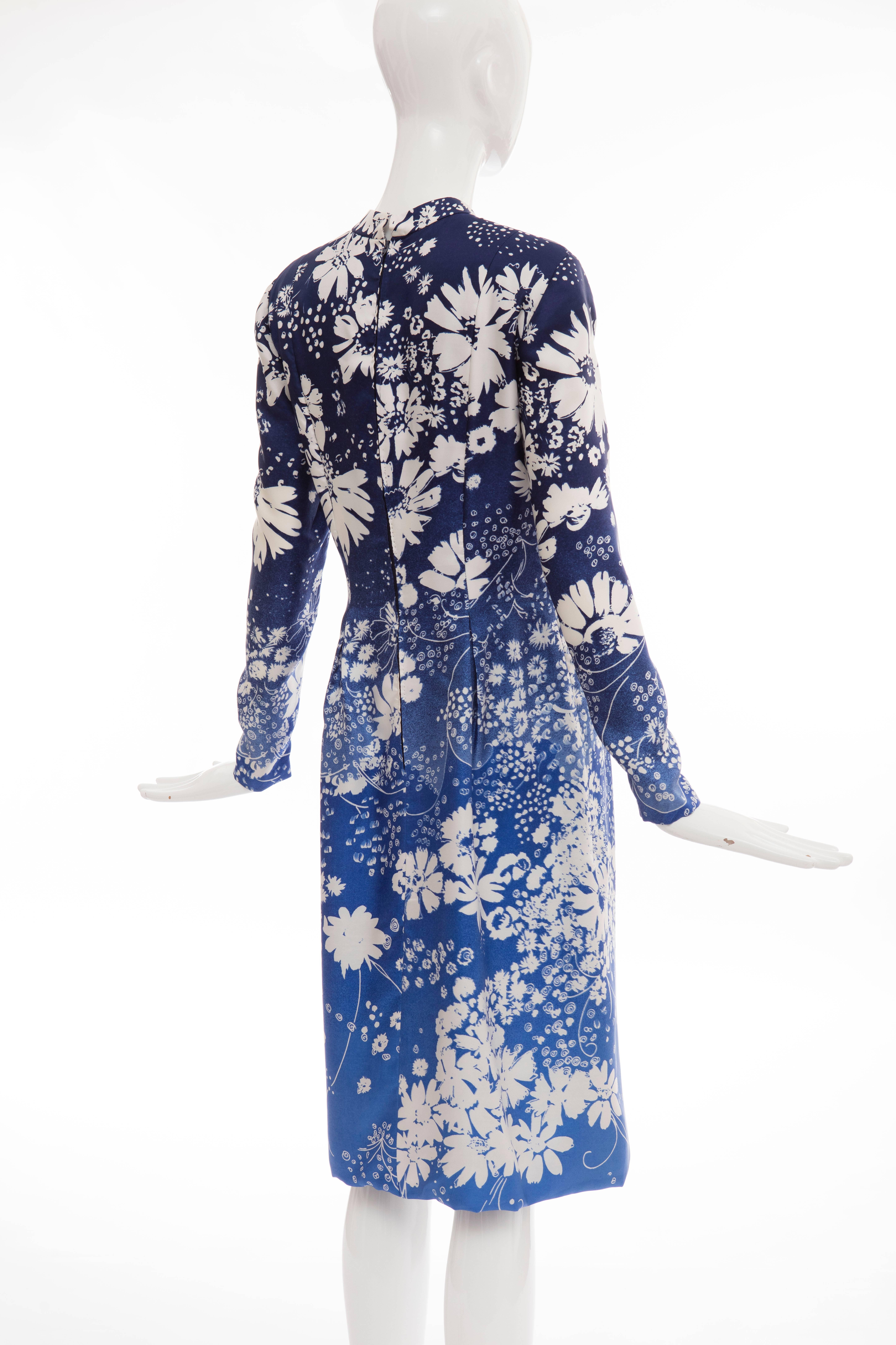 Pauline Trigere Navy Blue Ombre Silk Floral Long Sleeve Dress, Circa 1980's 3