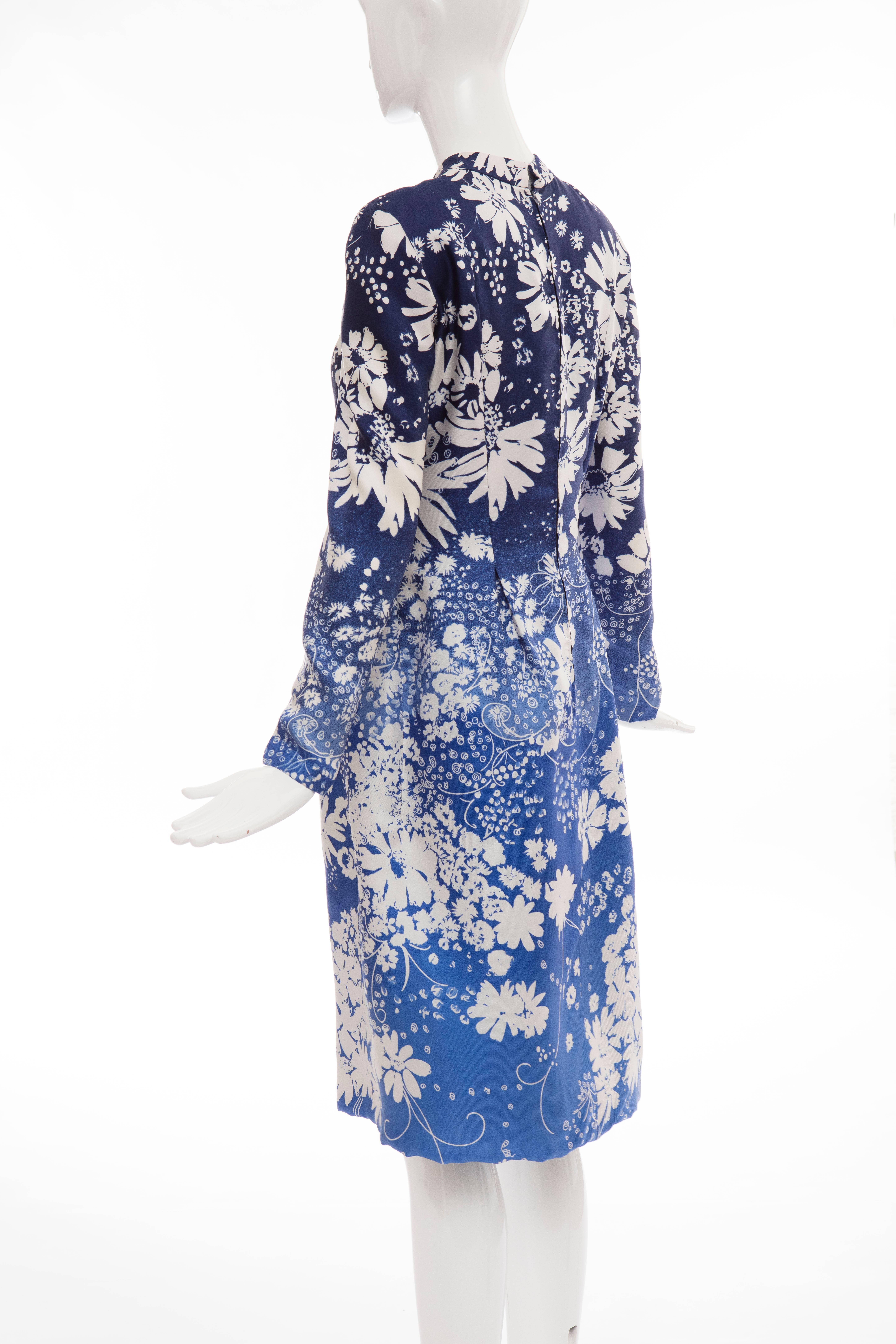 Pauline Trigere Navy Blue Ombre Silk Floral Long Sleeve Dress, Circa 1980's 4