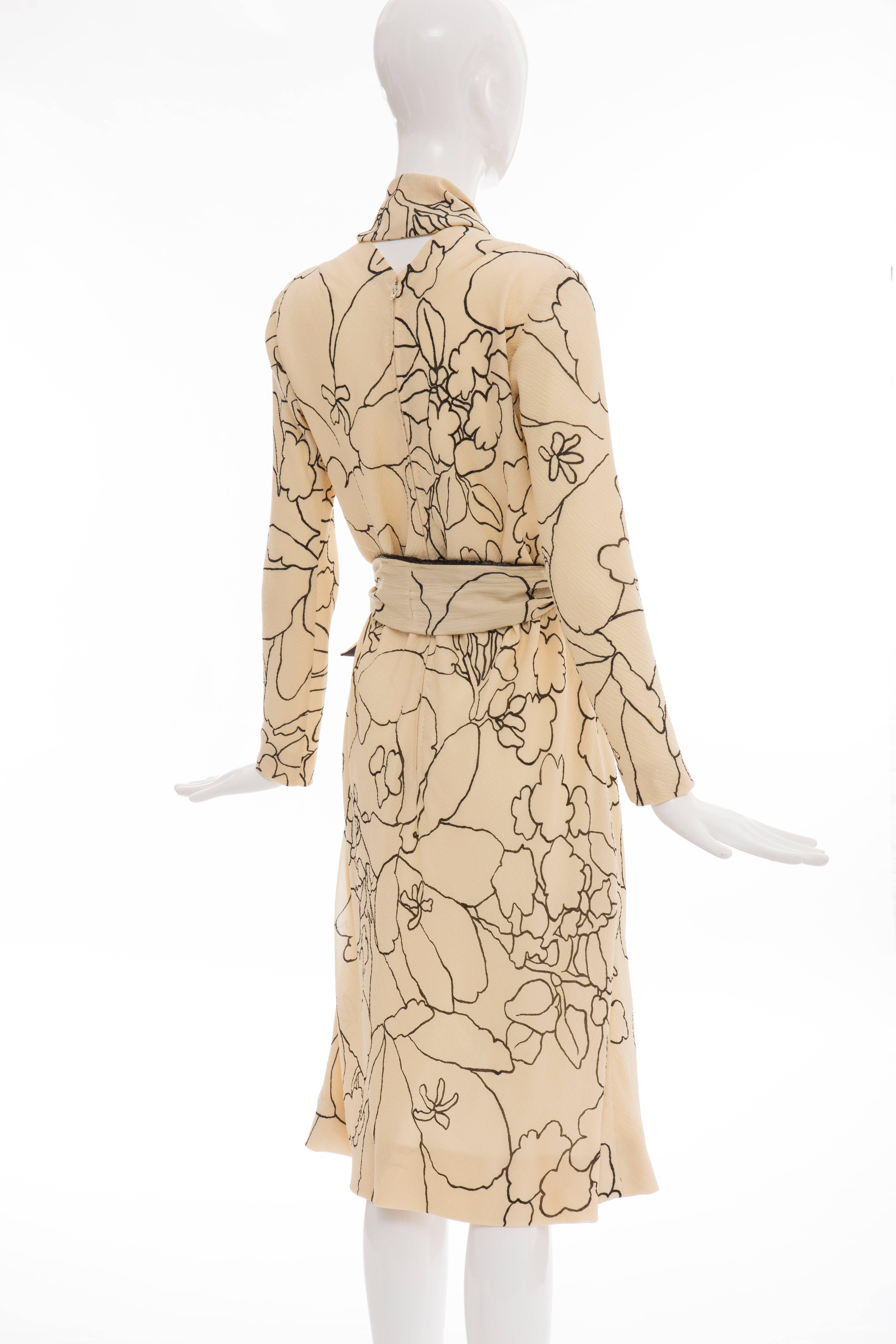 Pauline Trigere Cream Black Floral Silk Crepe Long Sleeve Dress, Circa 1980s 2
