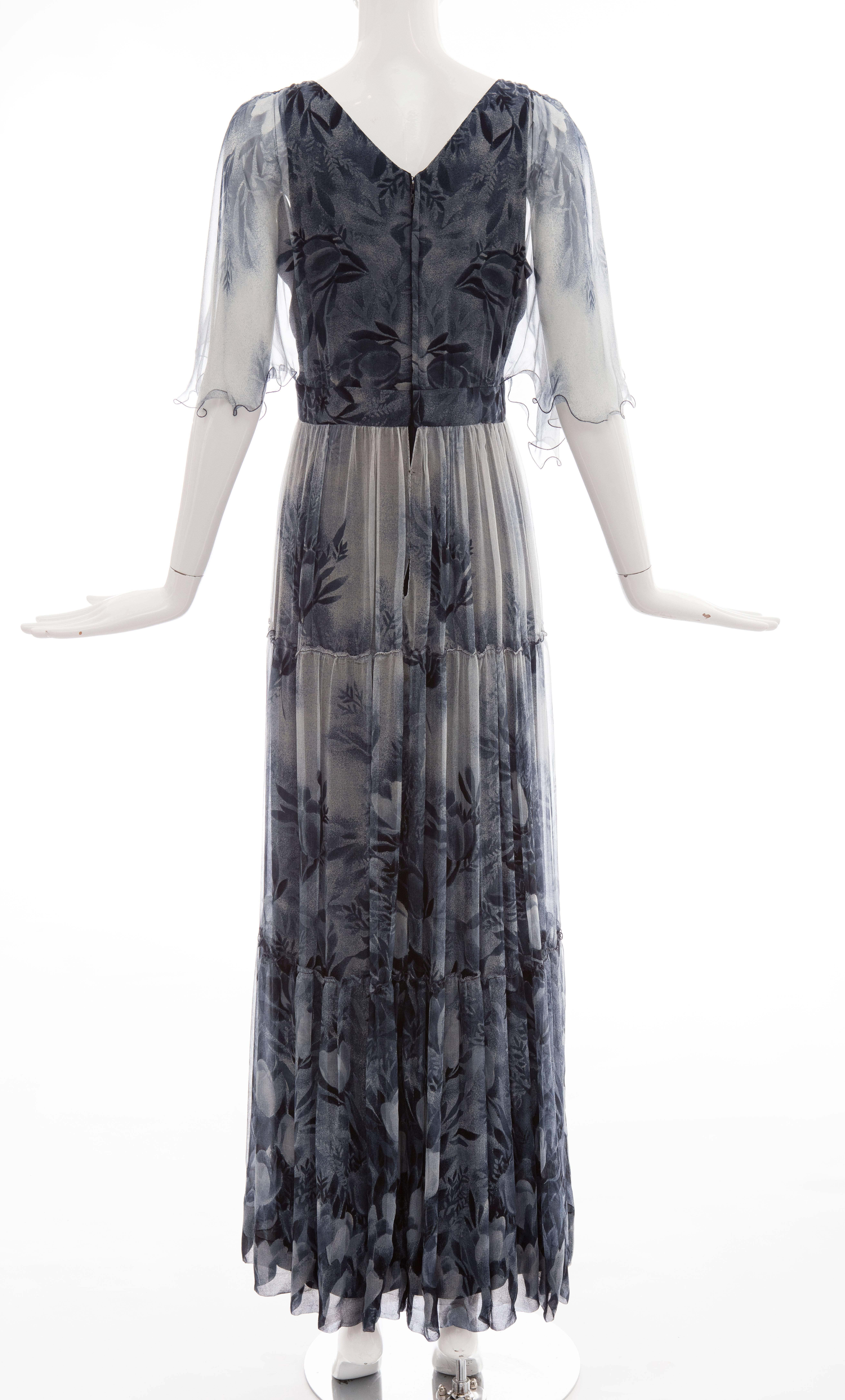 Black Vicky Tiel Giorgio Beverly Hills Floral Silk Chiffon Evening Dress, Circa 1980's For Sale