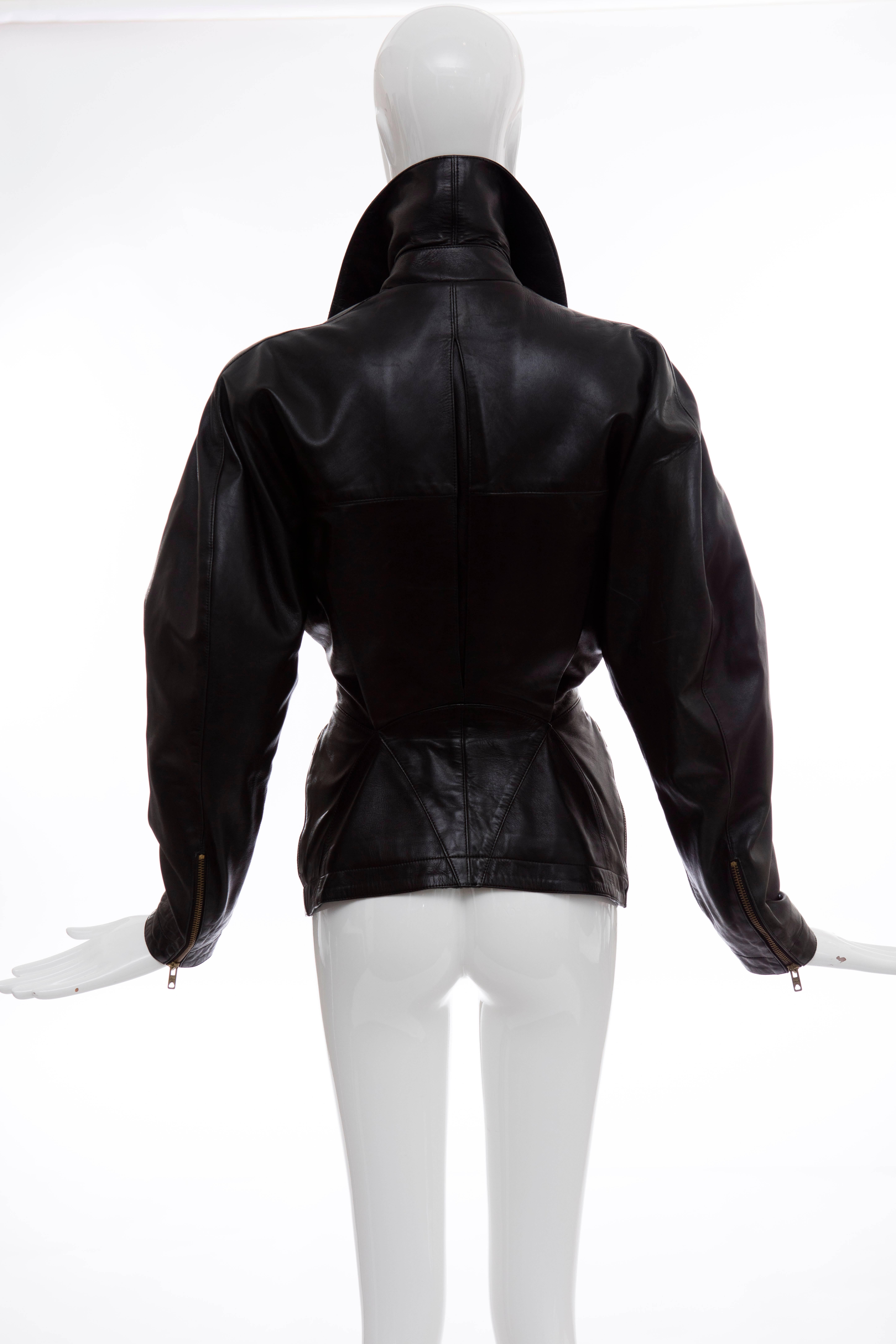 Women's Azzedine Alai Black Zip Front Lambskin Leather Jacket , Circa 1986 For Sale