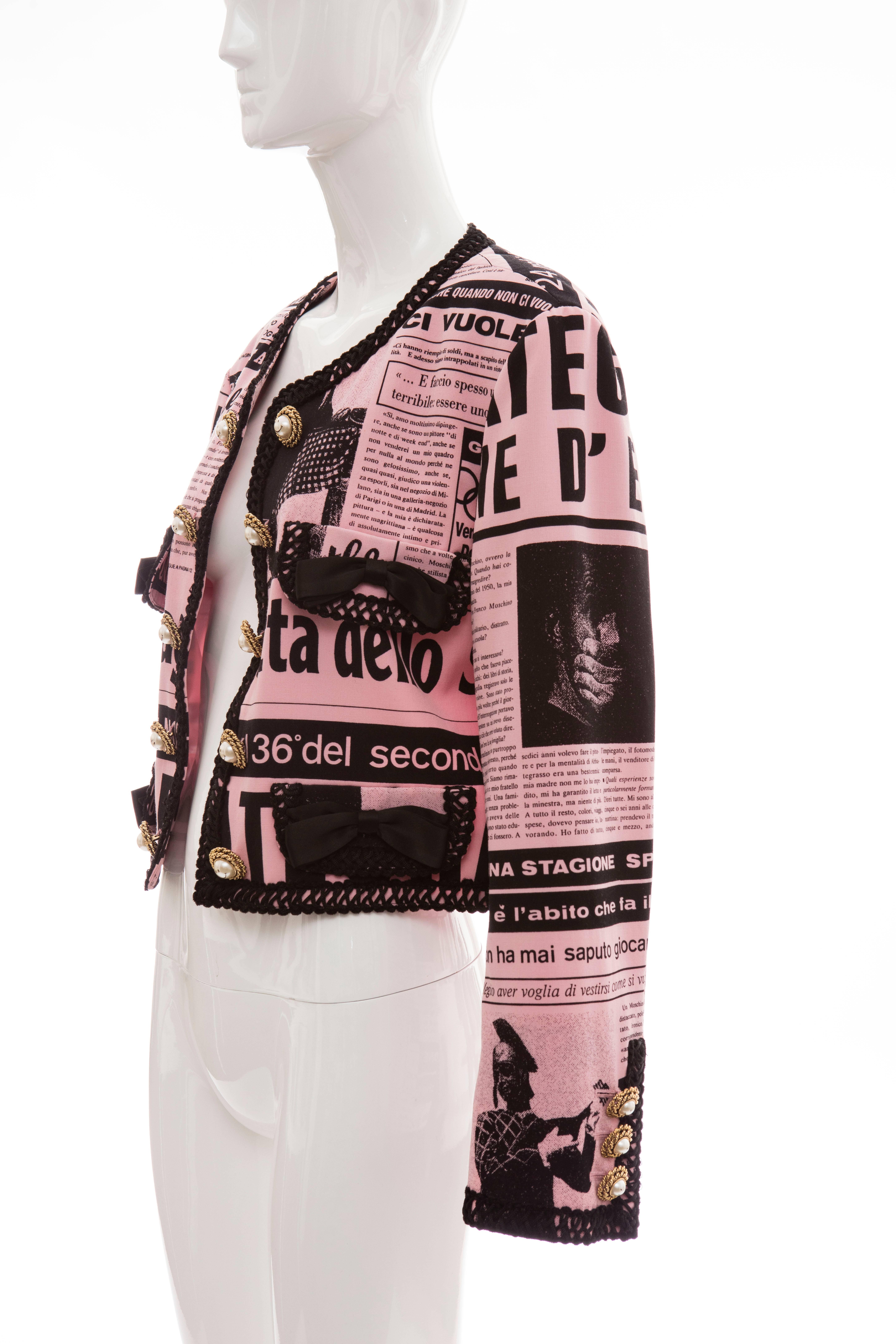 Brown Moschino Couture Newspaper Print Jacket With Smiley Face Buttons, Circa 1983