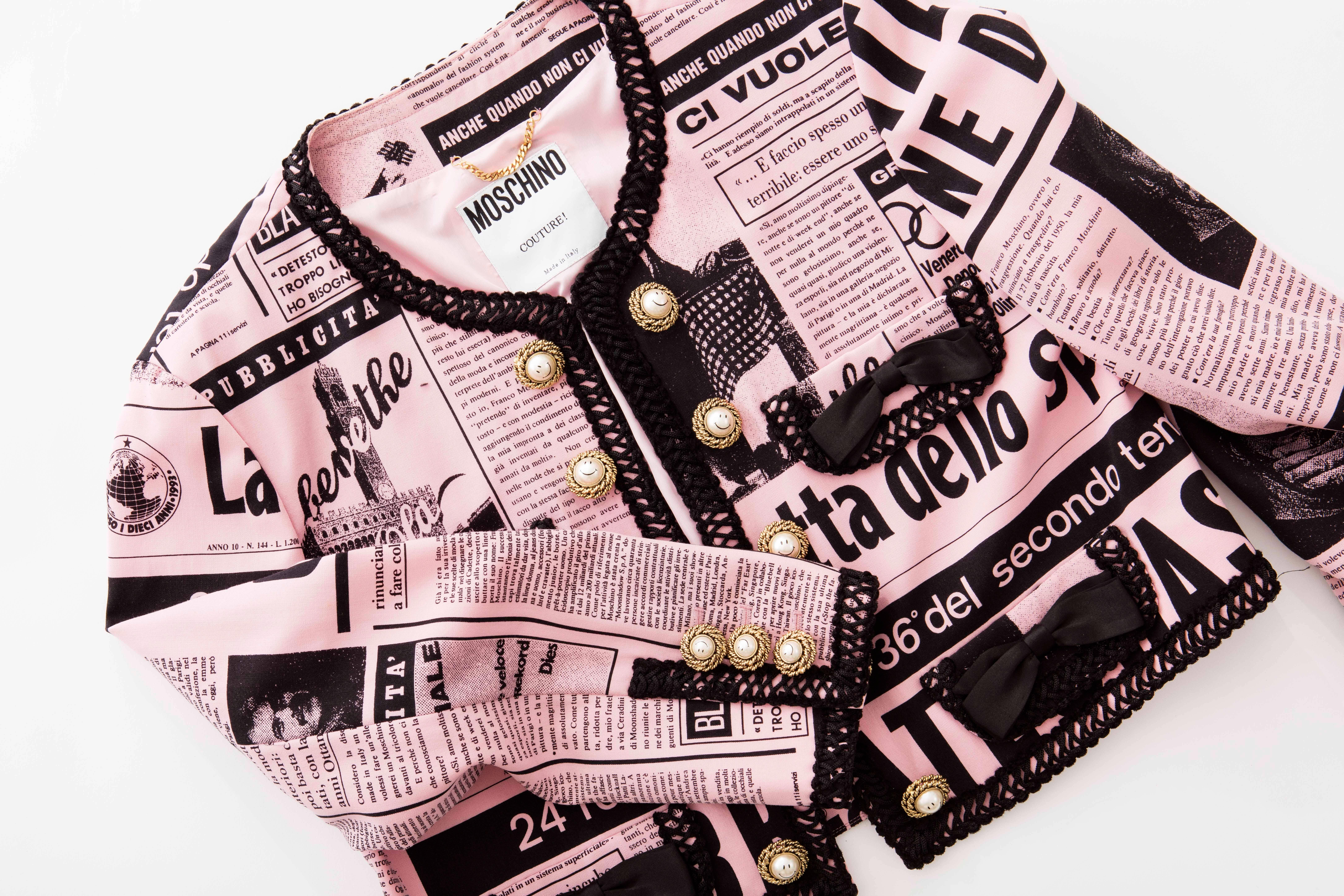 Women's Moschino Couture Newspaper Print Jacket With Smiley Face Buttons, Circa 1983