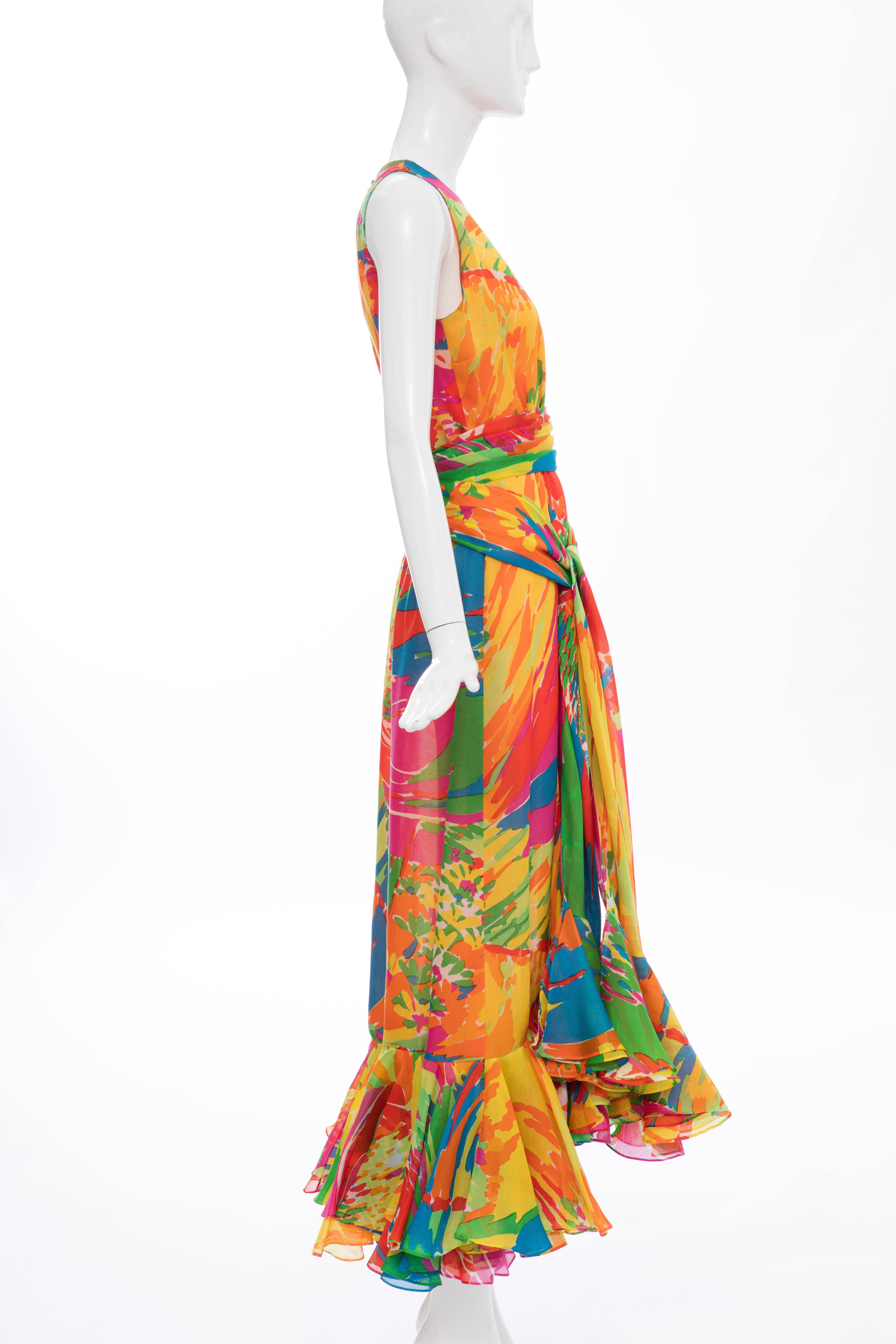 Orange Bill Blass Sleeveless Cotton Voile Abstract Print Evening Dress, Circa 1970's