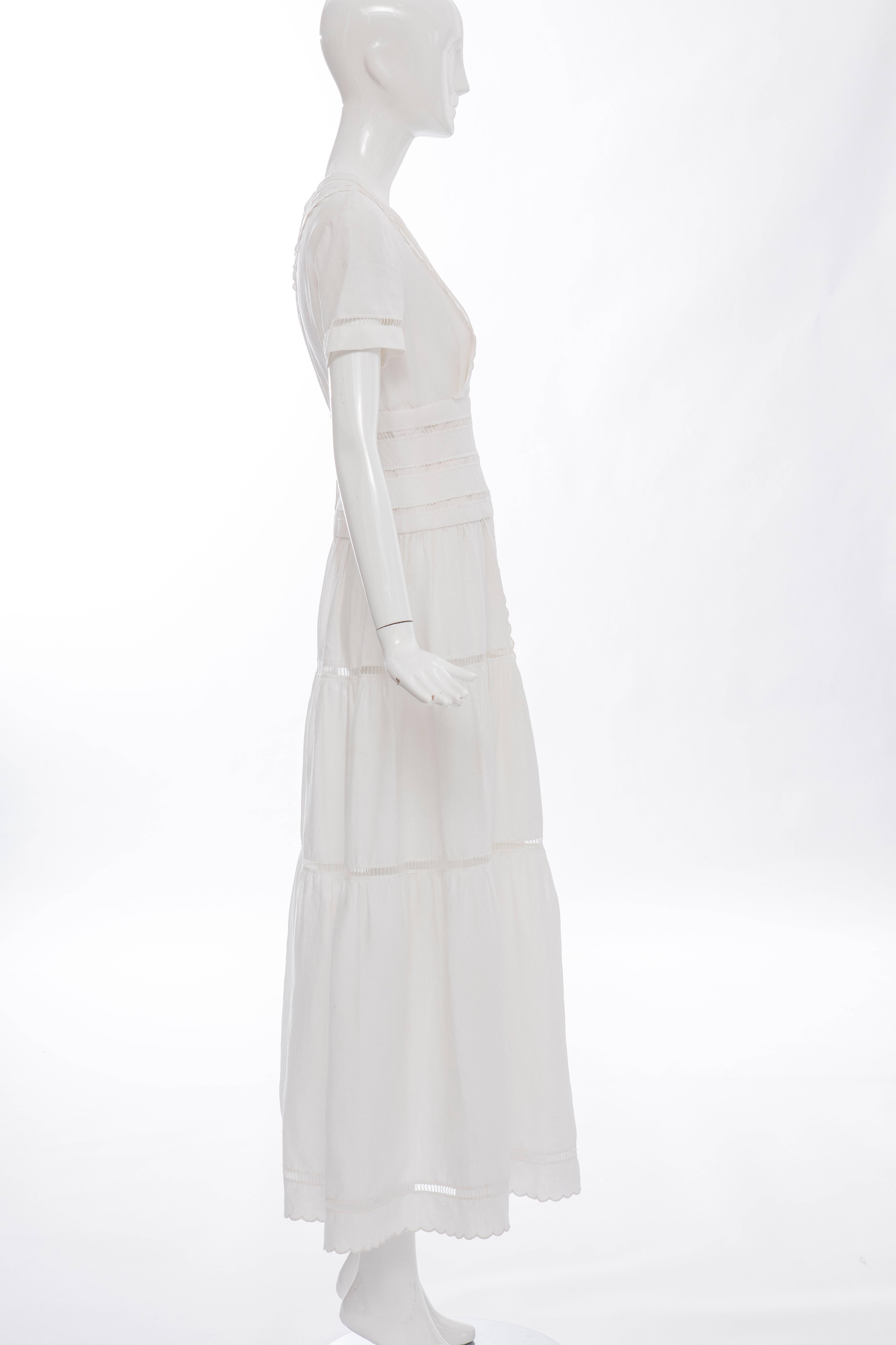 Gray Chanel Short Sleeve Whitework Embroidered Linen Dress, Circa 1980's