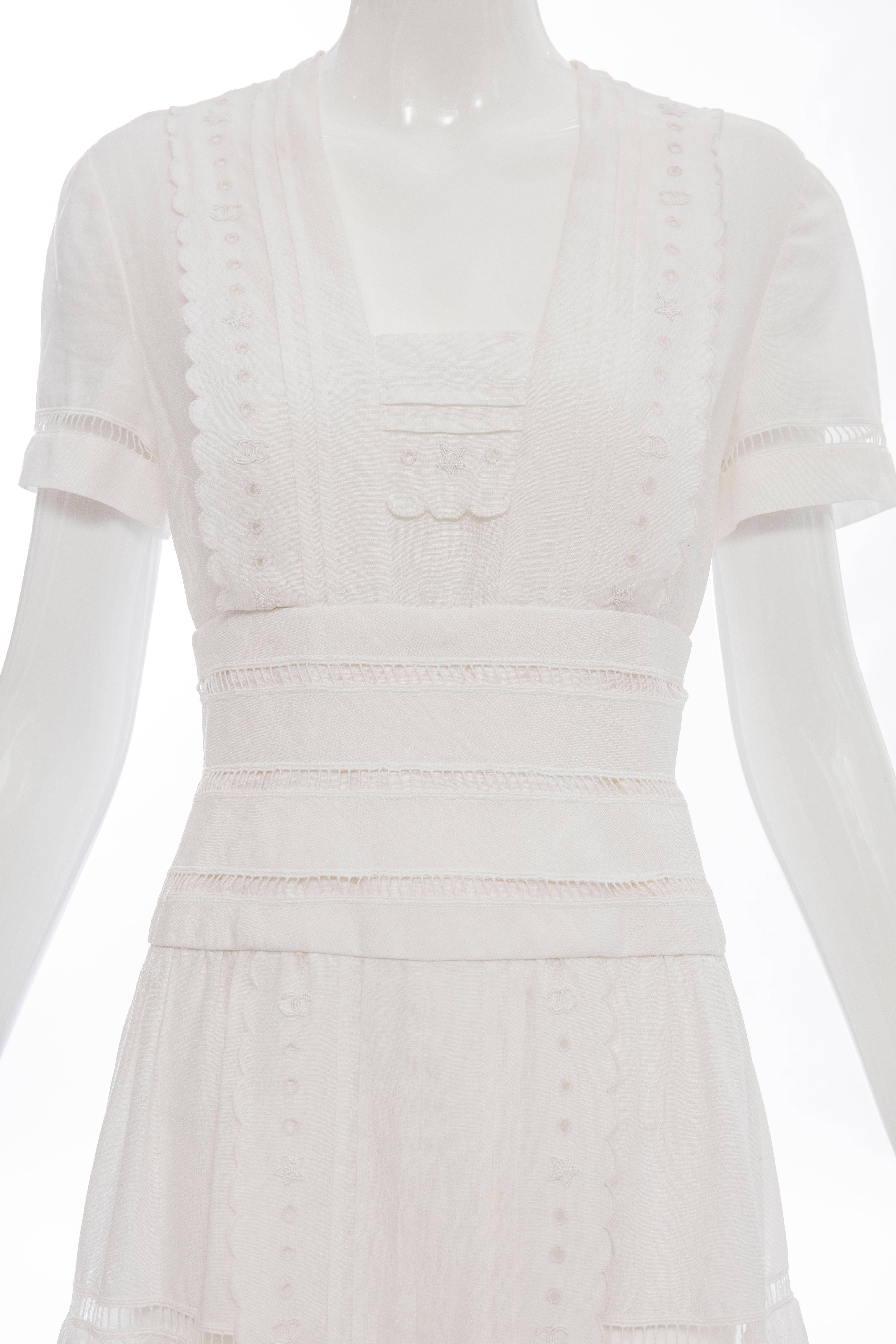 Chanel Short Sleeve Whitework Embroidered Linen Dress, Circa 1980's 1
