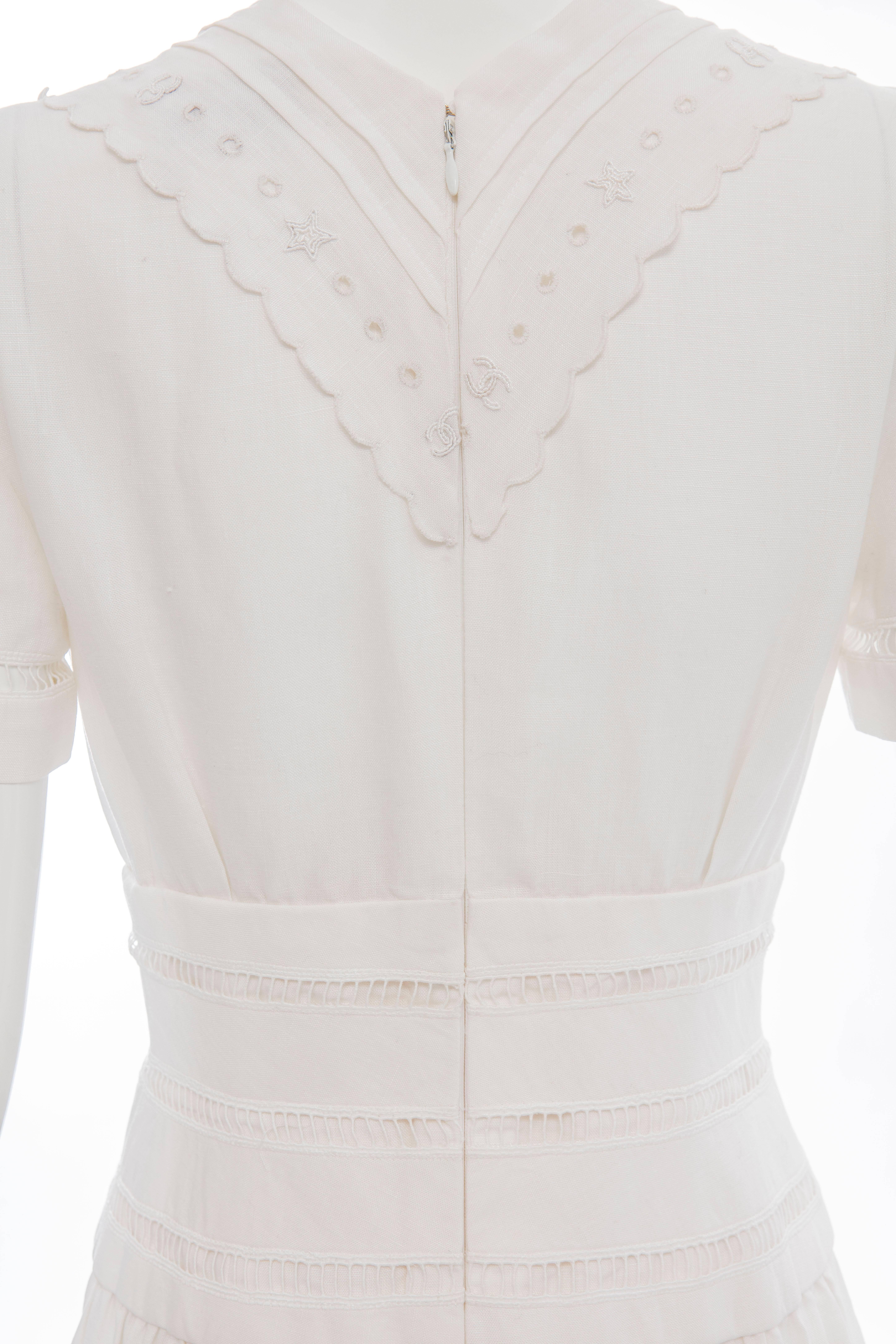 Chanel Short Sleeve Whitework Embroidered Linen Dress, Circa 1980's 3