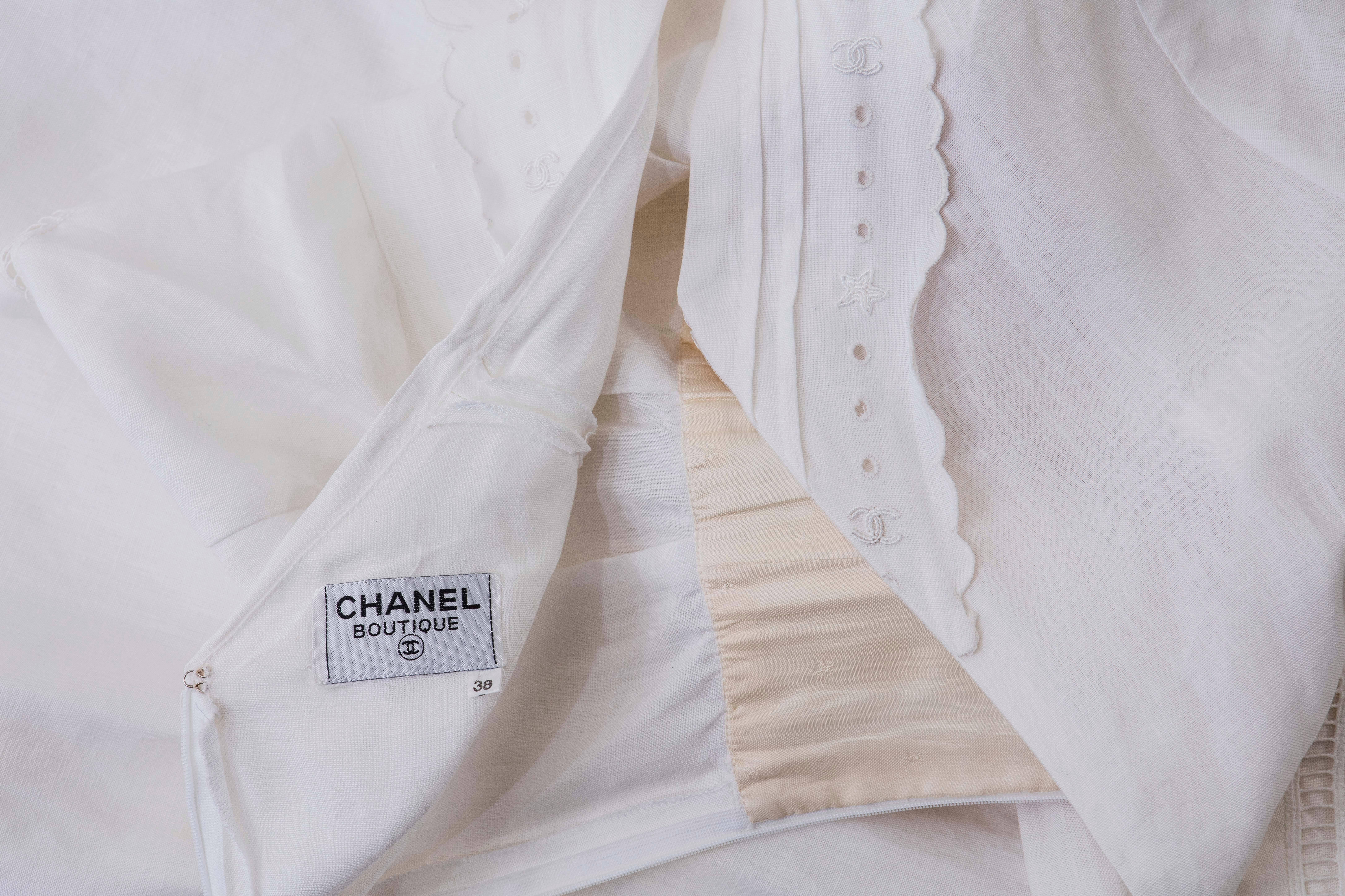 Chanel Short Sleeve Whitework Embroidered Linen Dress, Circa 1980's 4