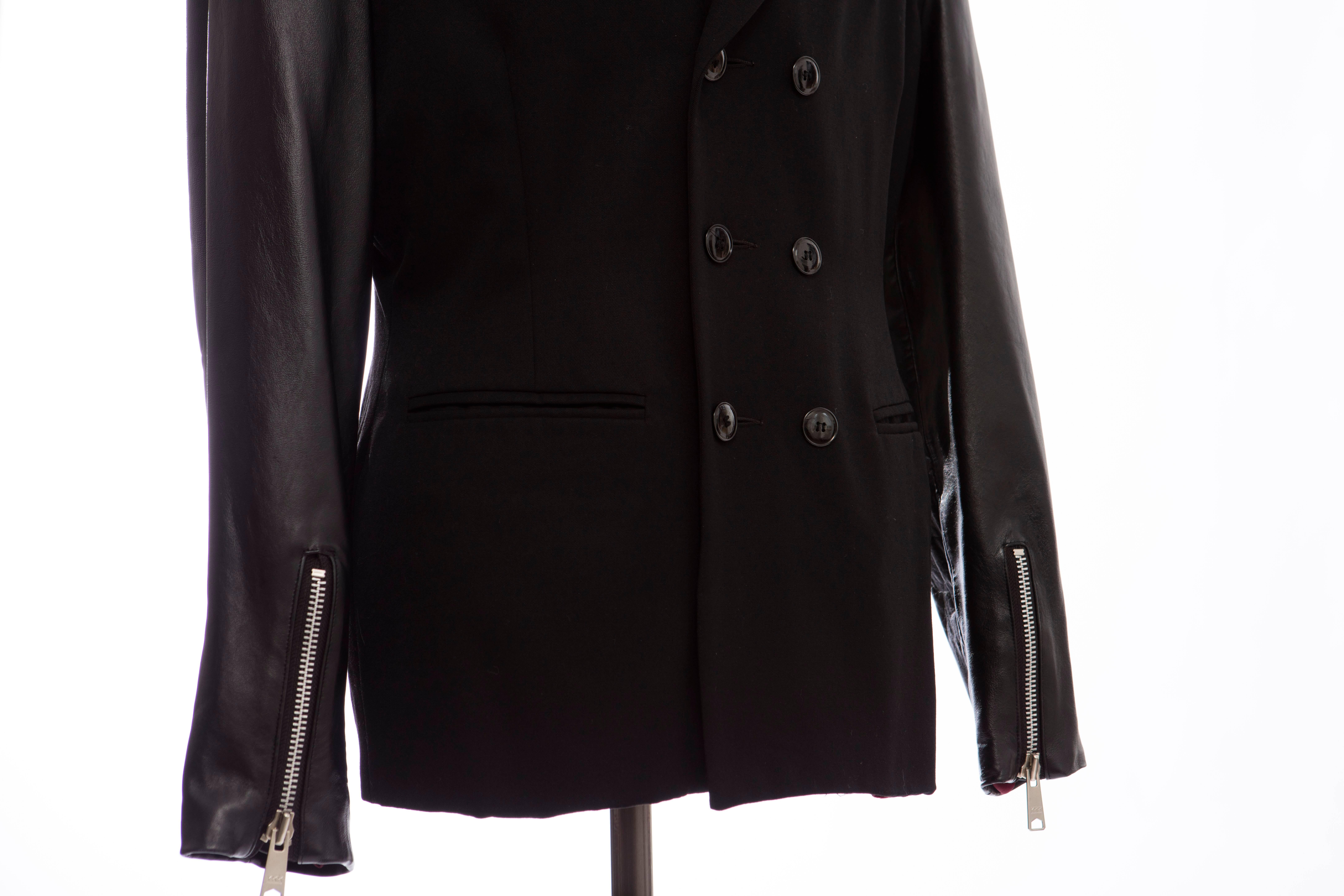 John Richmond Black Double Breasted Wool Leather Destroy Jacket, Circa 1980s For Sale 1