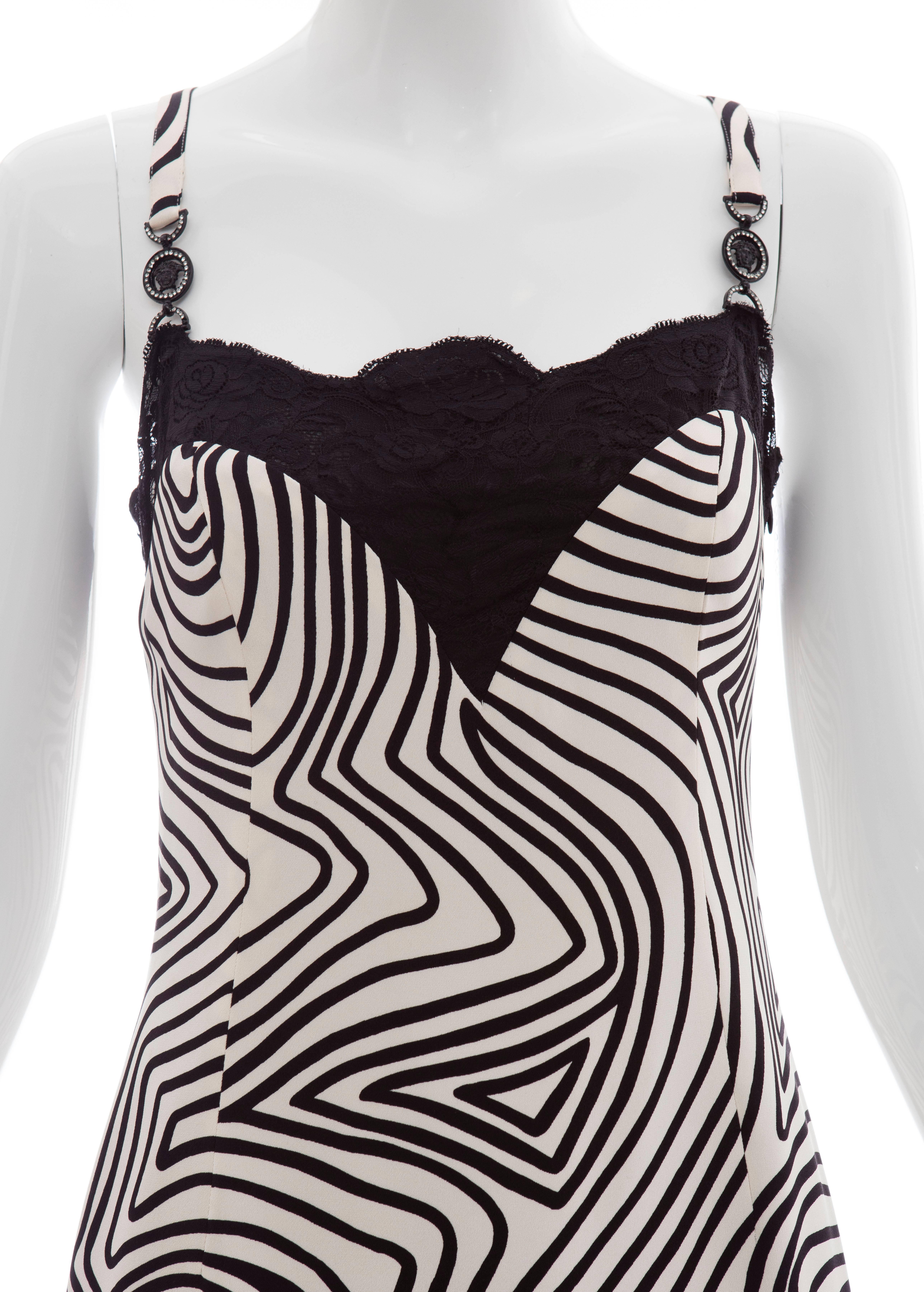 Versace Couture Graphic Print Black White Silk Lace Slip Dress, Circa 1990's In Excellent Condition In Cincinnati, OH