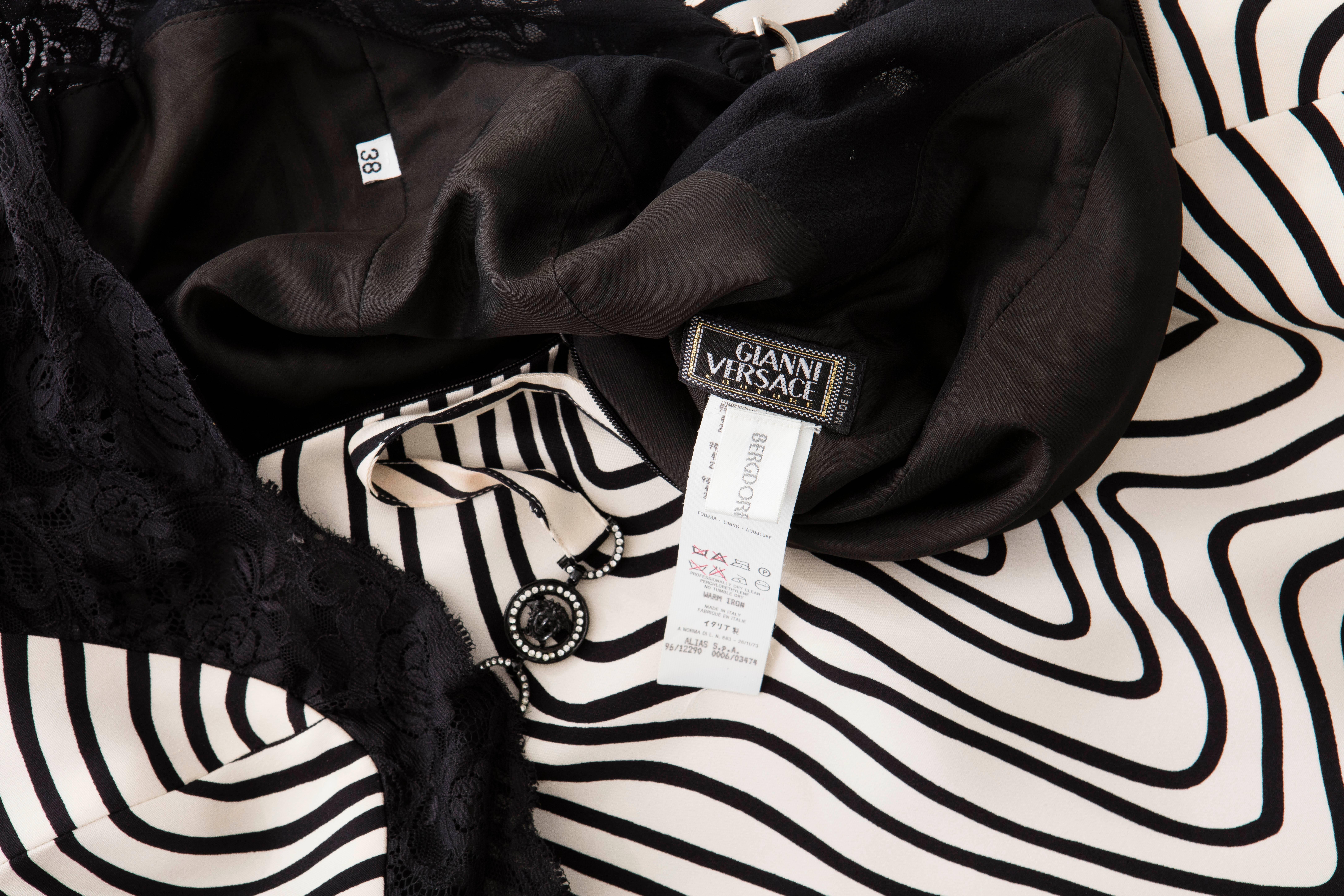 Versace Couture Graphic Print Black White Silk Lace Slip Dress, Circa 1990's 2