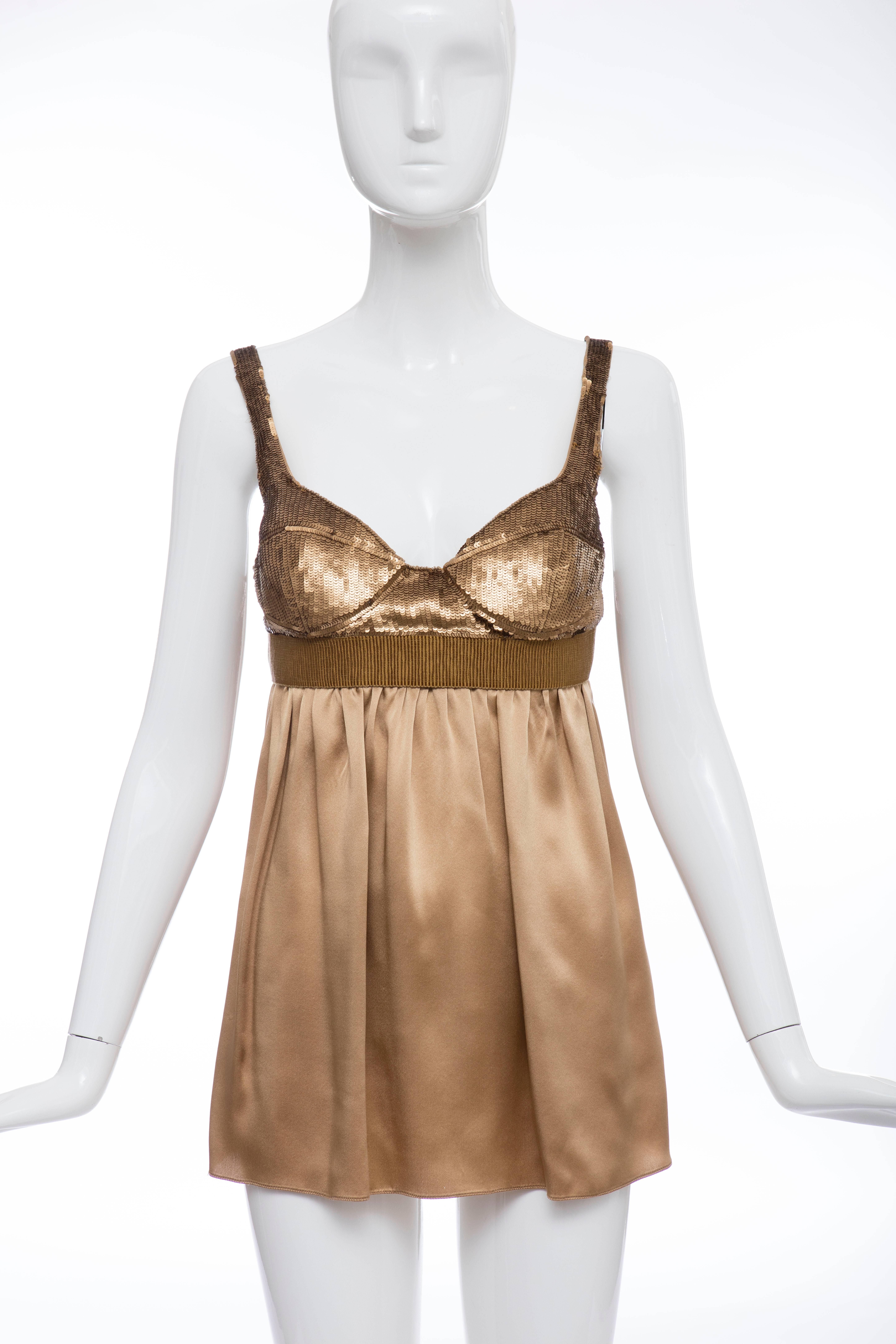 Proenza Schouler,  Spring-Summer 2005 embroidered bronze sequin and silk satin bustier with back hook and eye with snaps back closure.

US. 6
Bust 30, Waist 26, Length 27