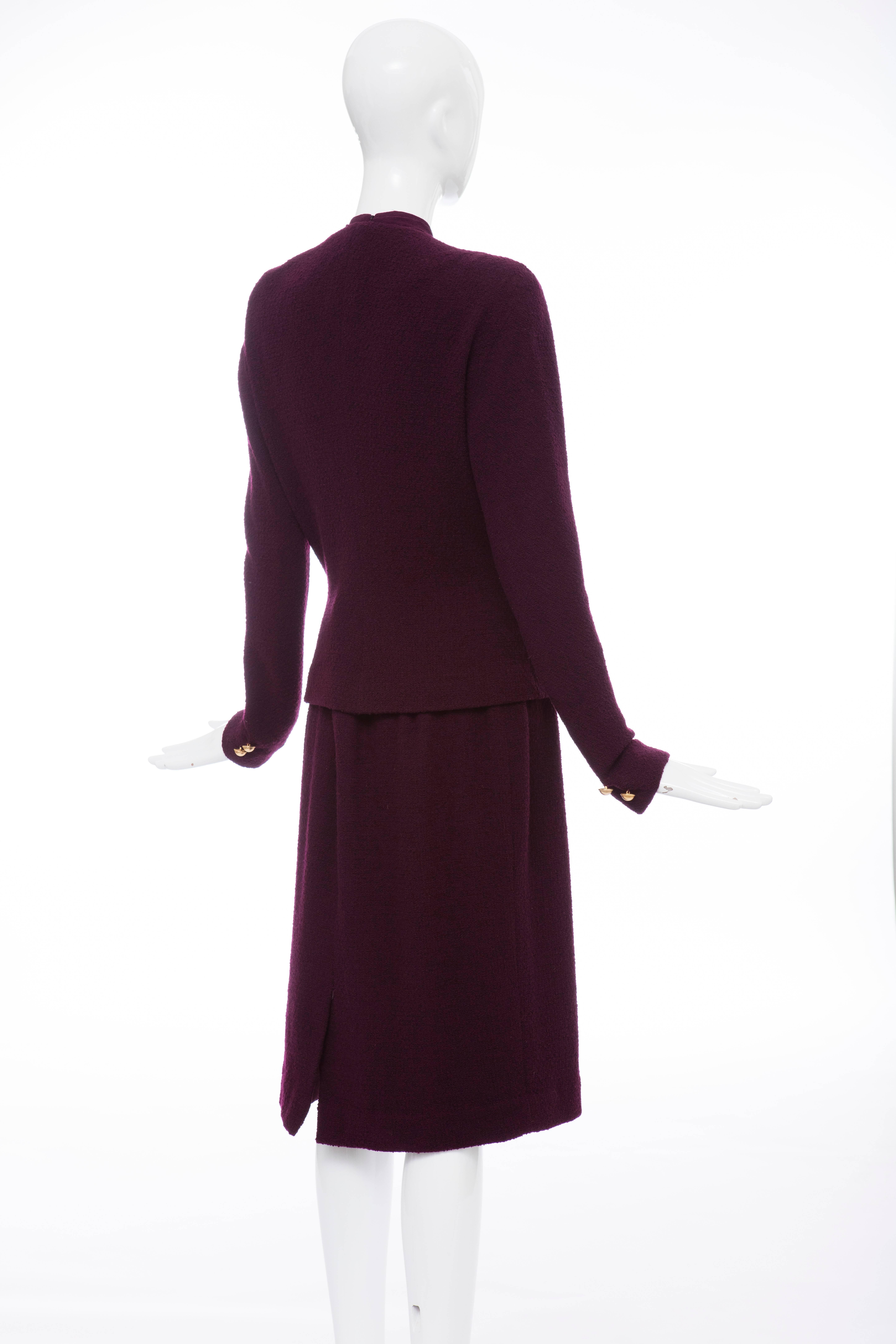 Donna Karan Eggplant Stretch Wool Nylon Knit Skirt Suit, Circa 1980's 2