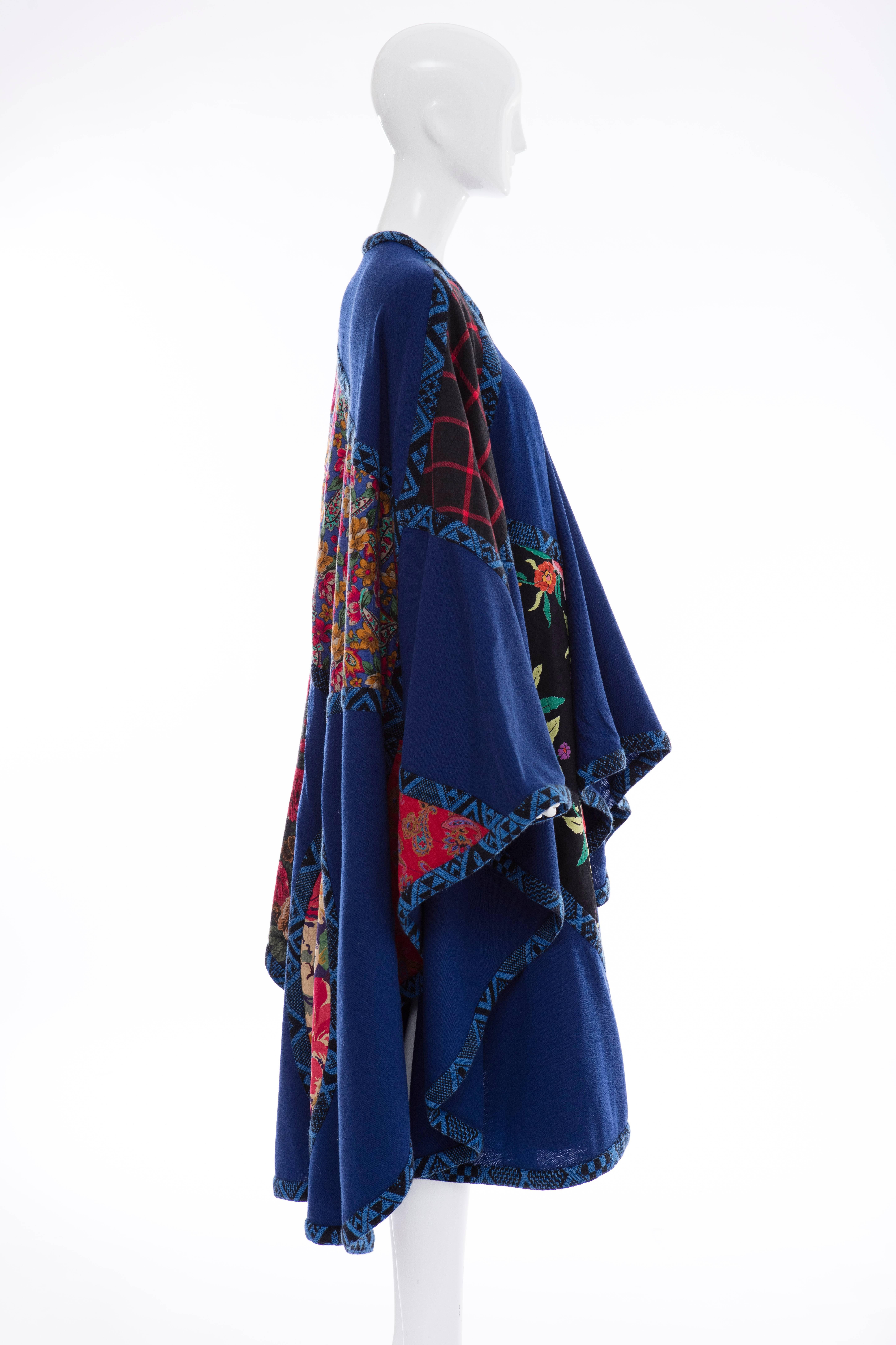 Black Koos Van Den Akker Royal Blue Cloak With Floral Quilted Patchwork, Circa 1980's
