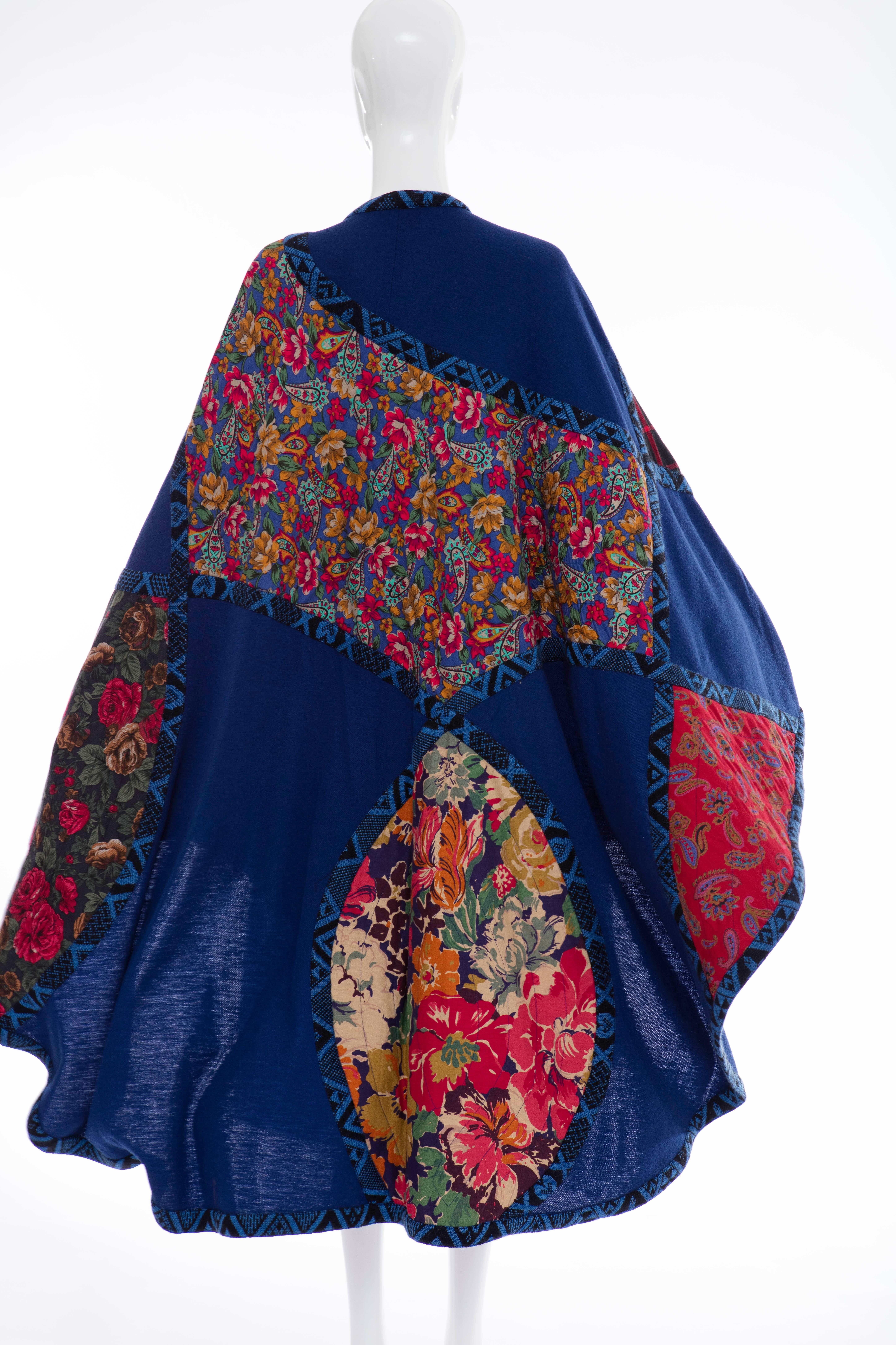 Koos Van Den Akker Royal Blue Cloak With Floral Quilted Patchwork, Circa 1980's In Excellent Condition In Cincinnati, OH