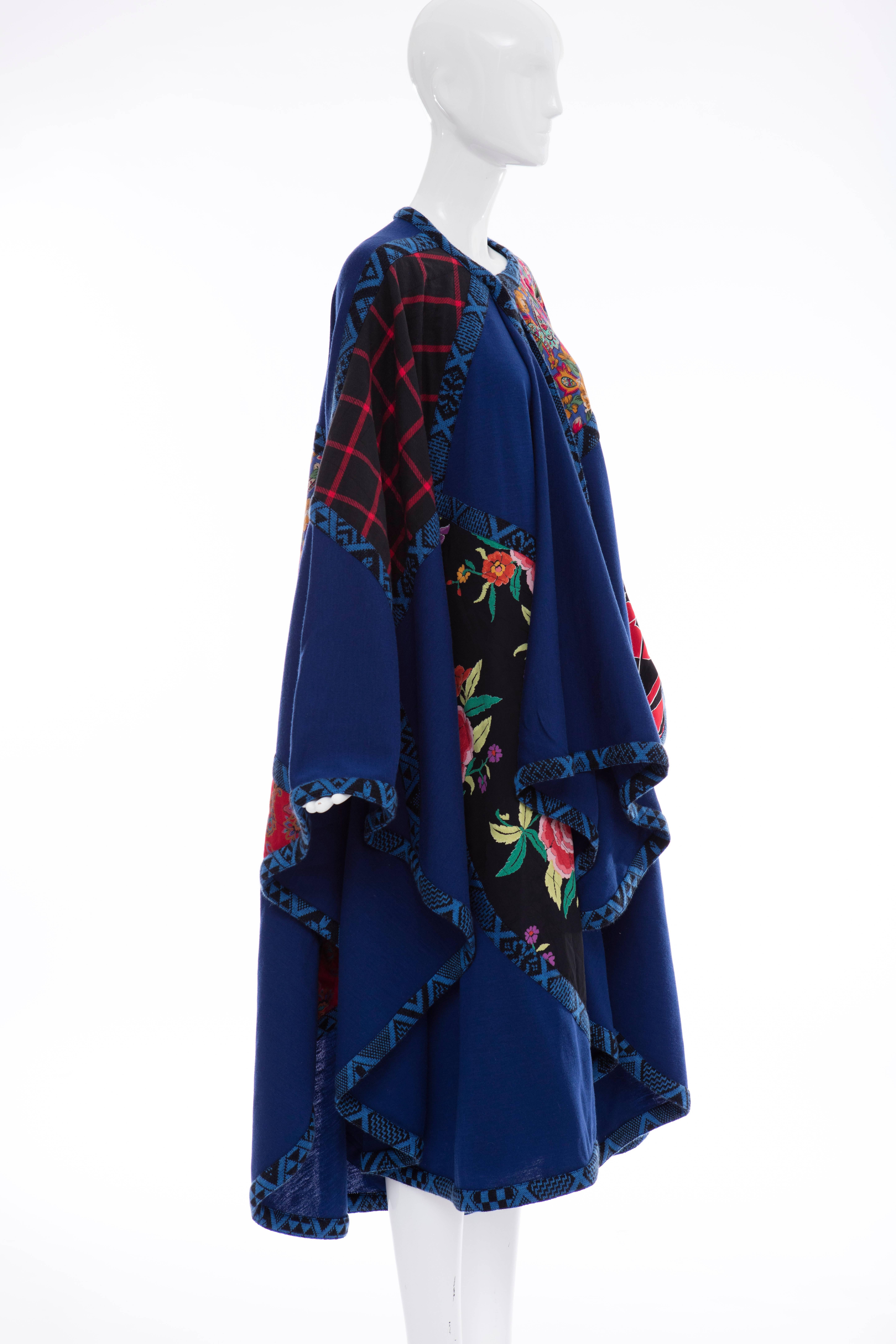 Women's Koos Van Den Akker Royal Blue Cloak With Floral Quilted Patchwork, Circa 1980's