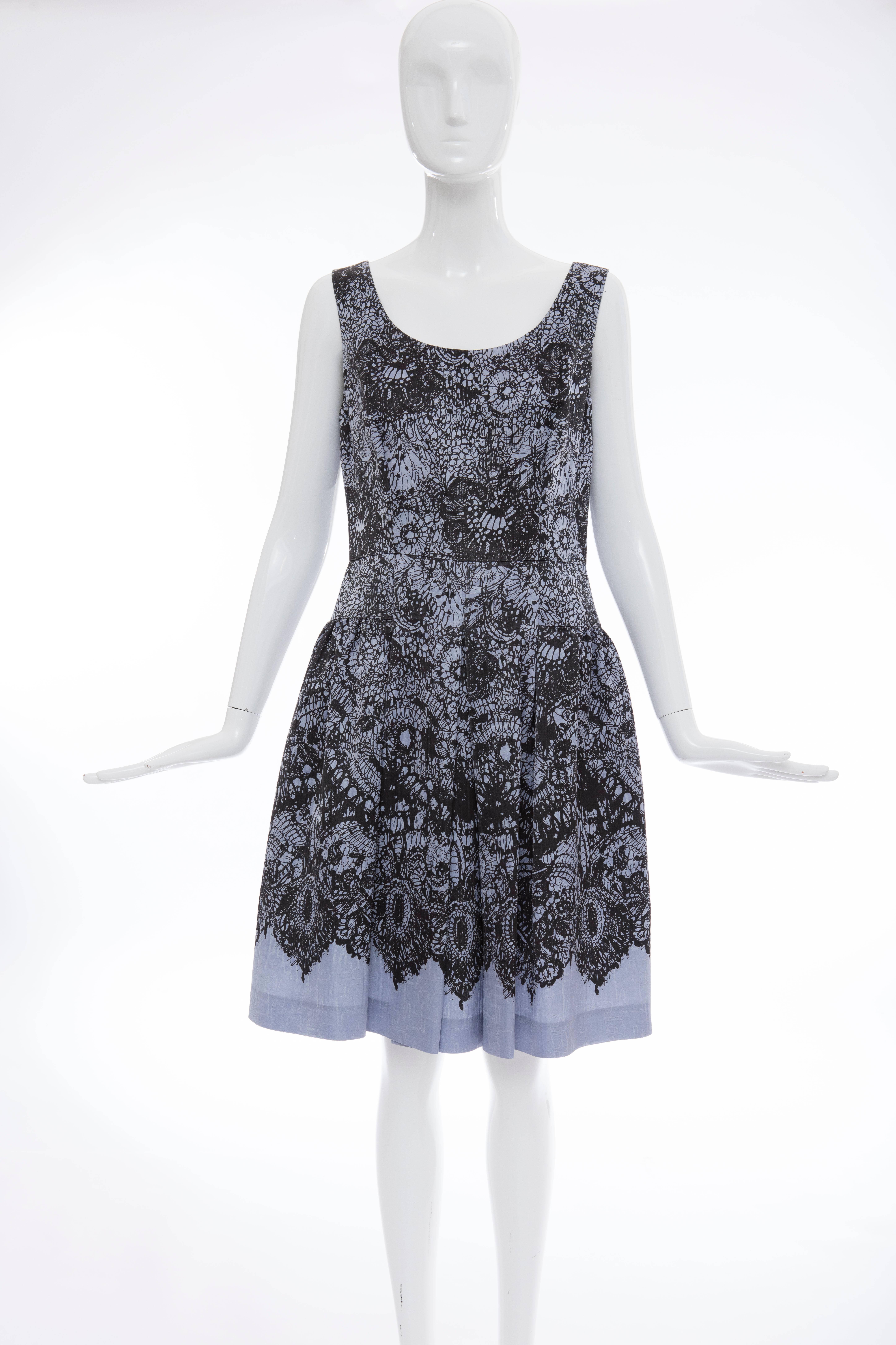 Prada, circa 2011 printed viscose silk nylon sleeveless dress with back zip and fully lined in silk.

IT. 44
US. 8

Bust 34, Waist 30, Hips 46, Length 38