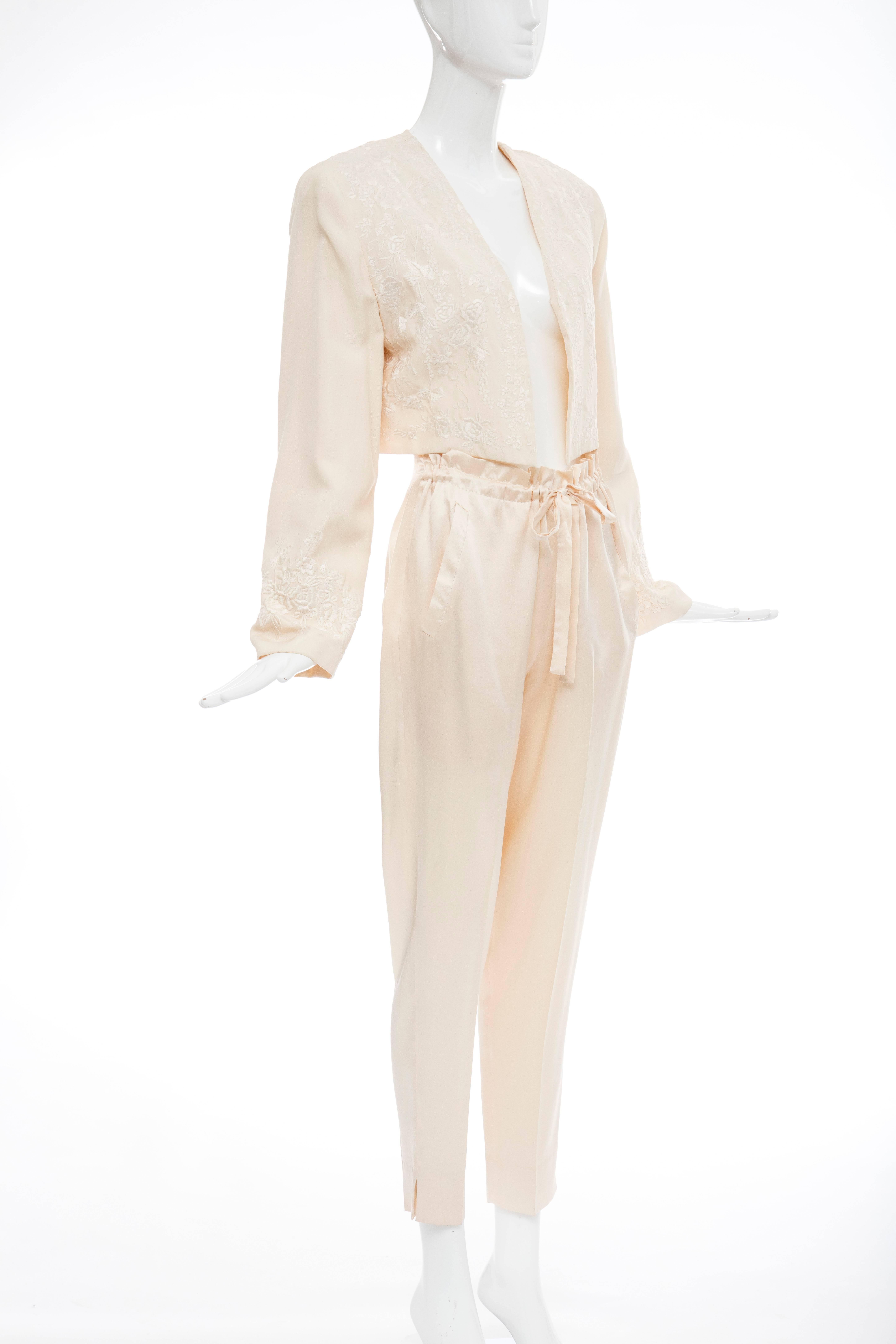 Donna Karan Cream Silk Embroidered Pant Suit, Circa 1980's In Good Condition For Sale In Cincinnati, OH