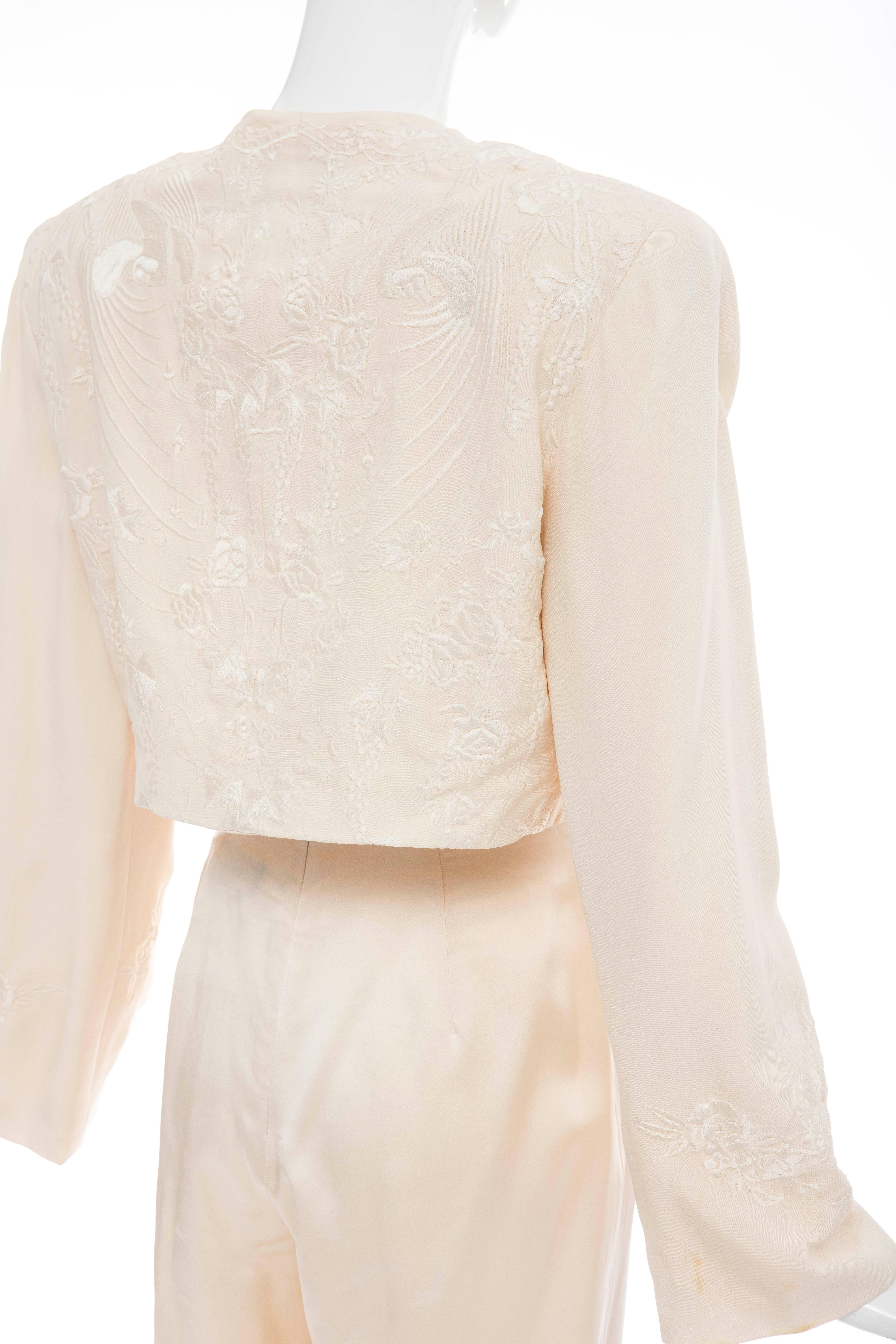 Donna Karan Cream Silk Embroidered Pant Suit, Circa 1980's For Sale 2