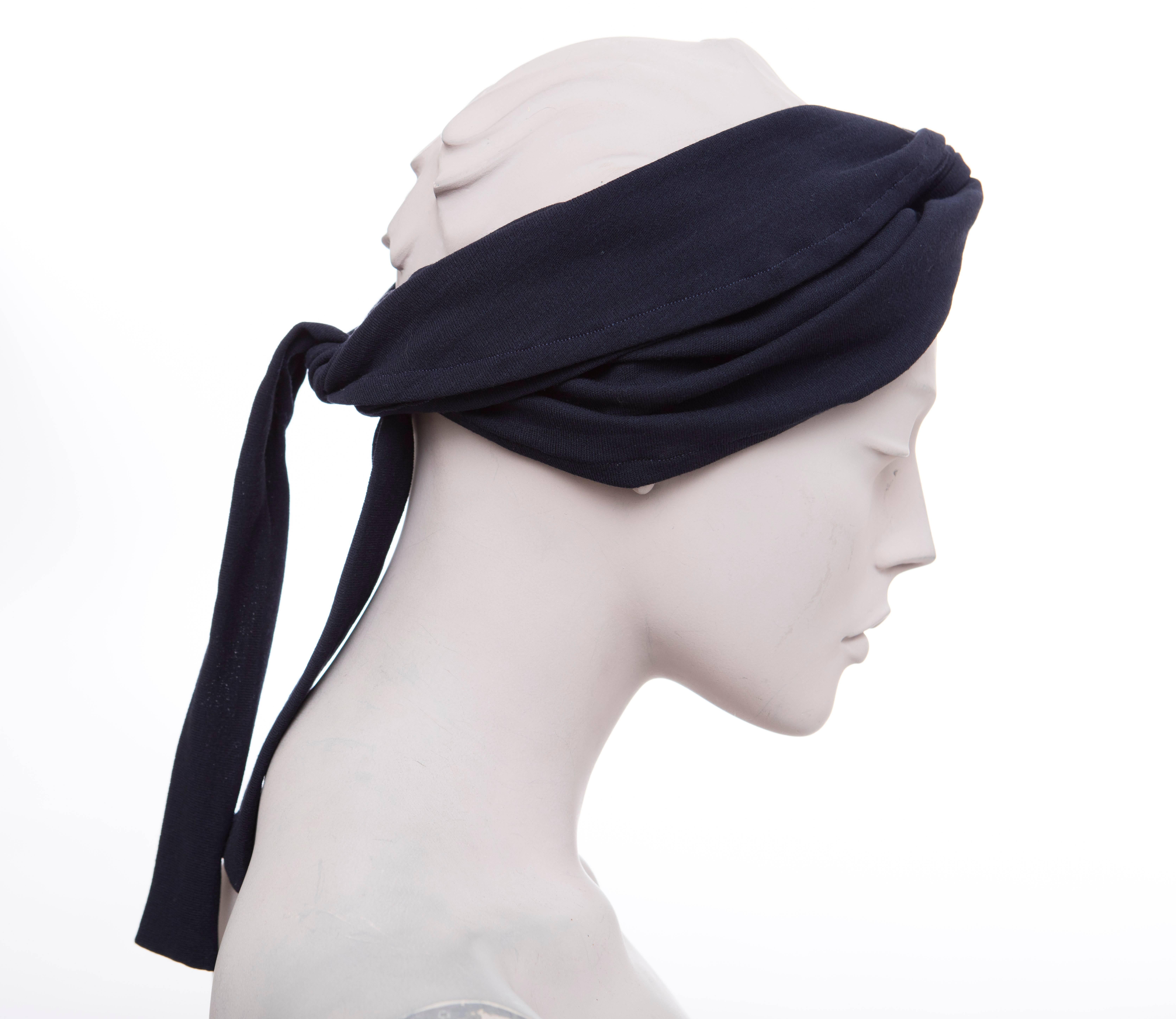 Gray Maeve Carr For Donna Karan Navy Blue Jersey Turban, Circa 1980's For Sale