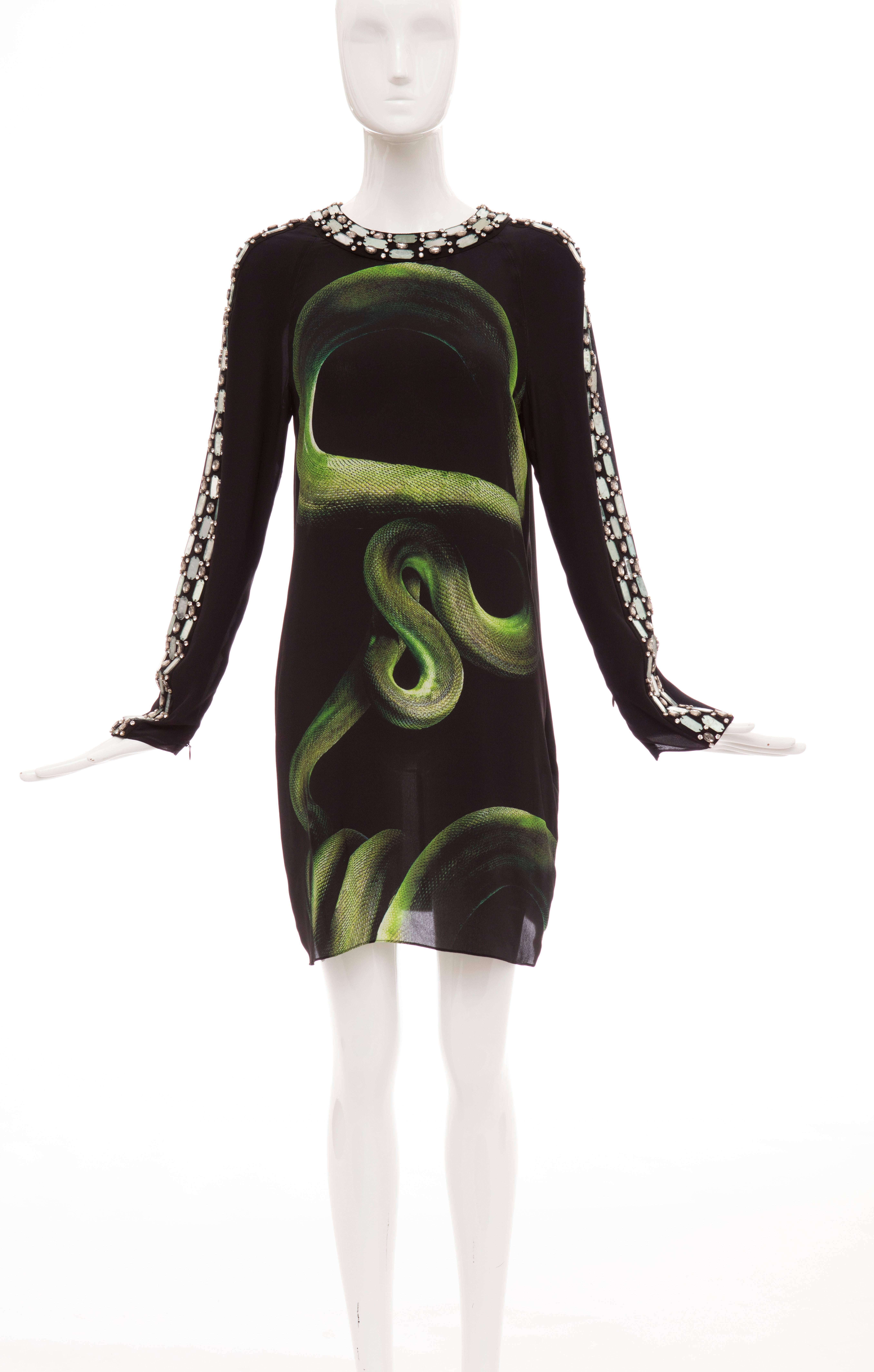 Alber Elbaz for Lanvin, Spring-Summer 2012 black silk shift dress with python print, crystal embellishments at sleeves and dual snap closures at back.

FR. 40
US. 8

Bust 40, Waist 38, Hips 42, Length 36
