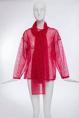 Kansai Yamamoto Red Sheer Silk Nylon Velvet Flecks Top & Scarf, Circa 1980's