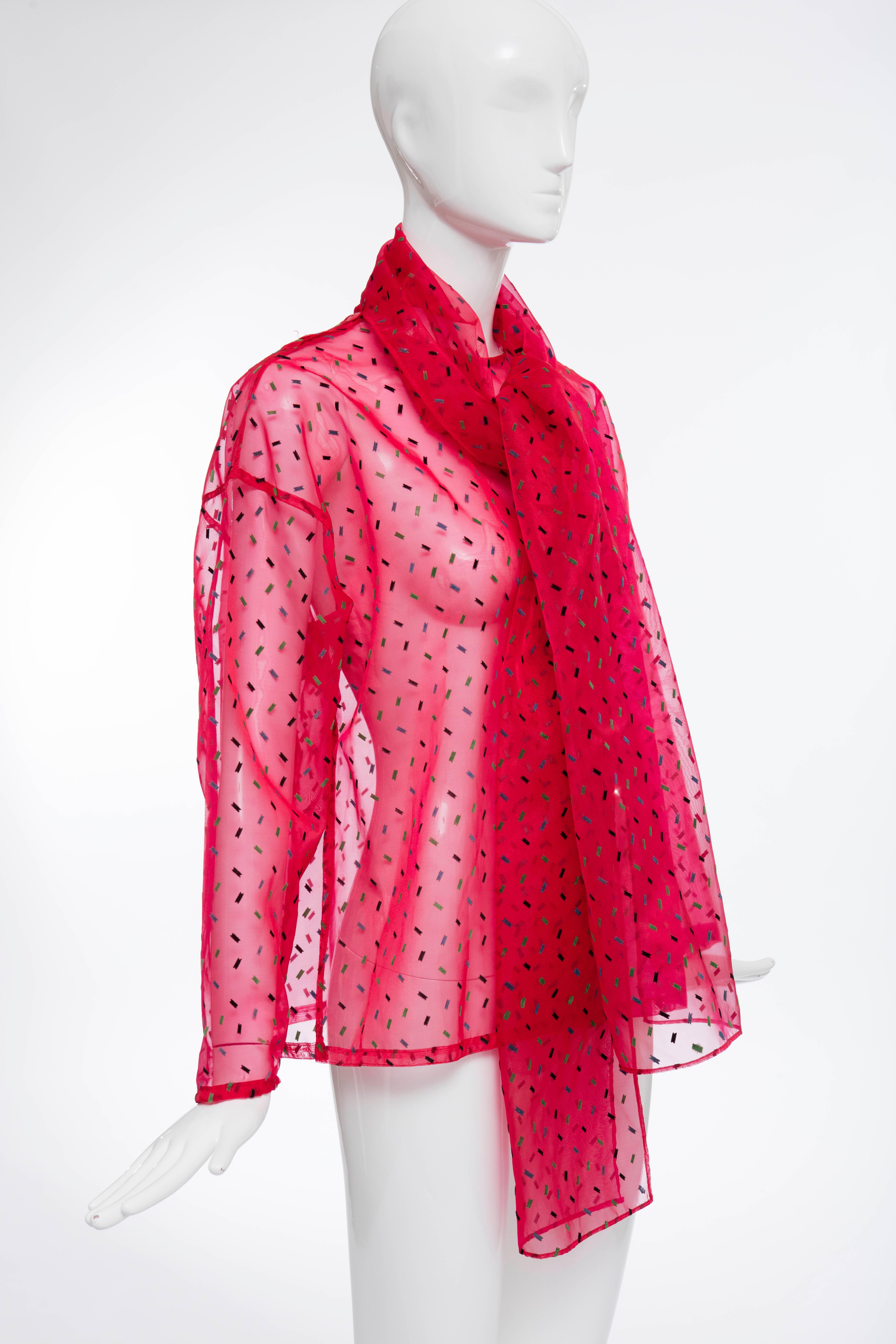 Kansai Yamamoto Red Sheer Silk Nylon Velvet Flecks Top & Scarf, Circa 1980's For Sale 1