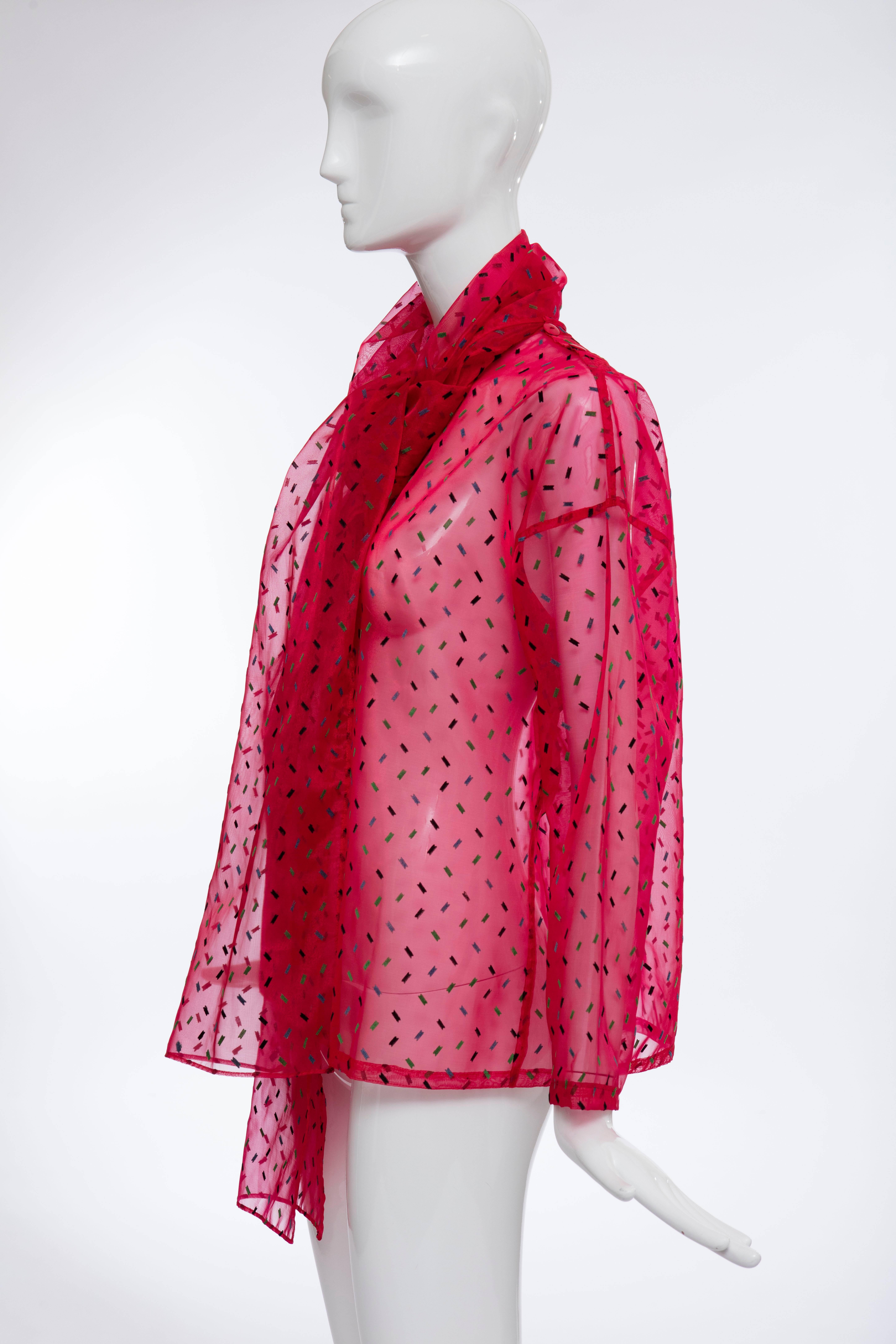 Kansai Yamamoto Red Sheer Silk Nylon Velvet Flecks Top & Scarf, Circa 1980's For Sale 5
