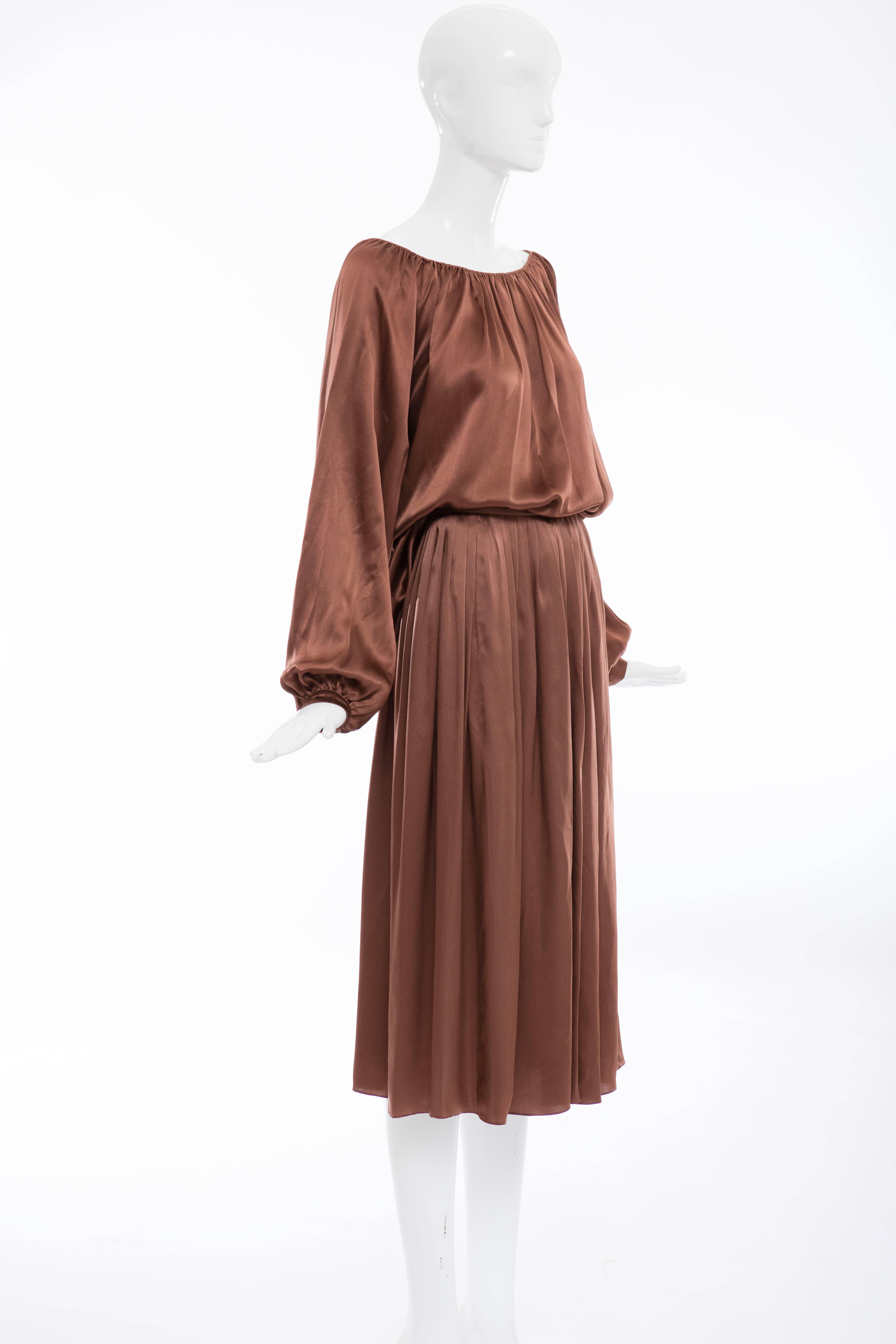 Women's Calvin Klein Chocolate Brown Silk Charmeuse Skirt Suit, Circa 1970's For Sale