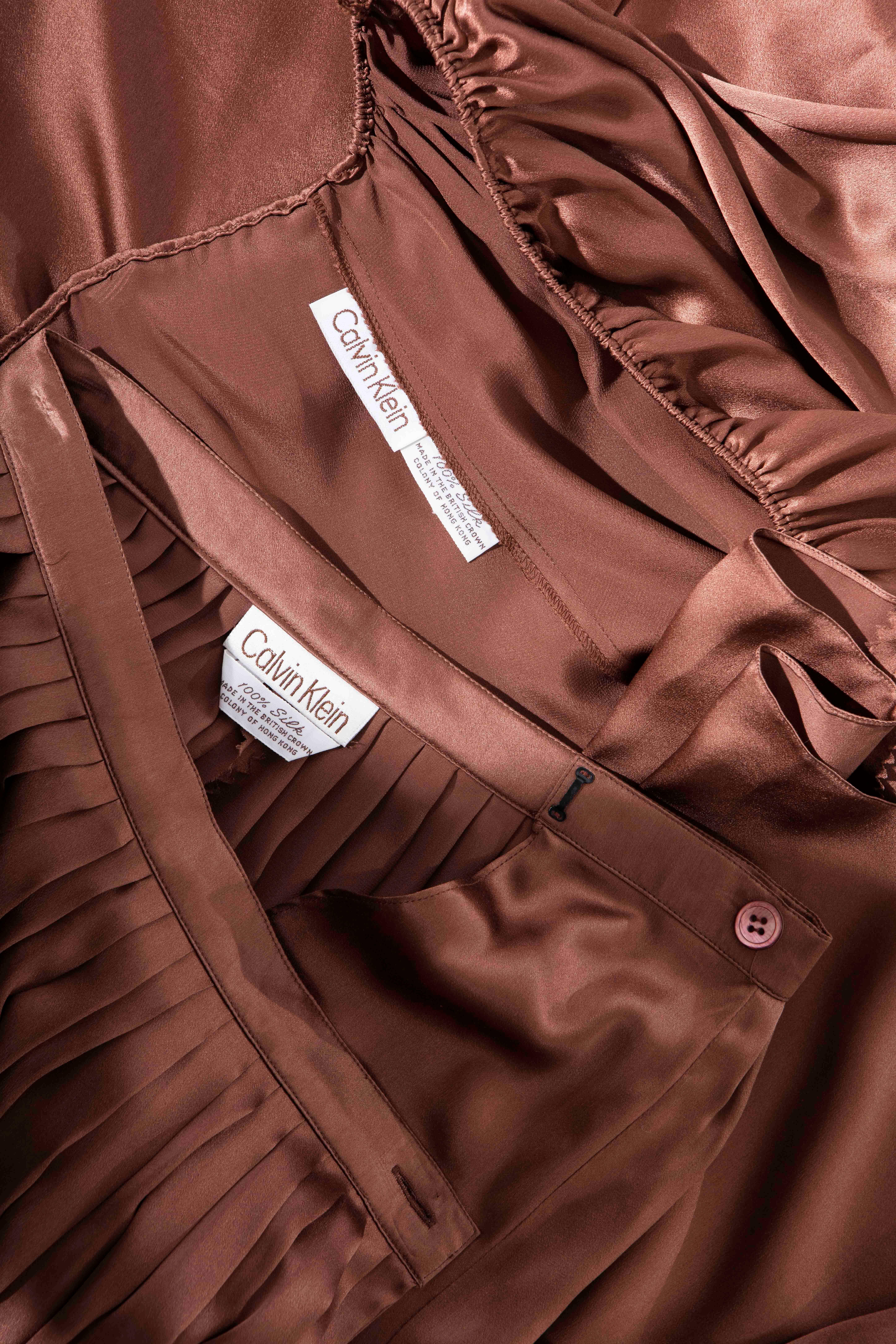 Calvin Klein Chocolate Brown Silk Charmeuse Skirt Suit, Circa 1970's For Sale 4