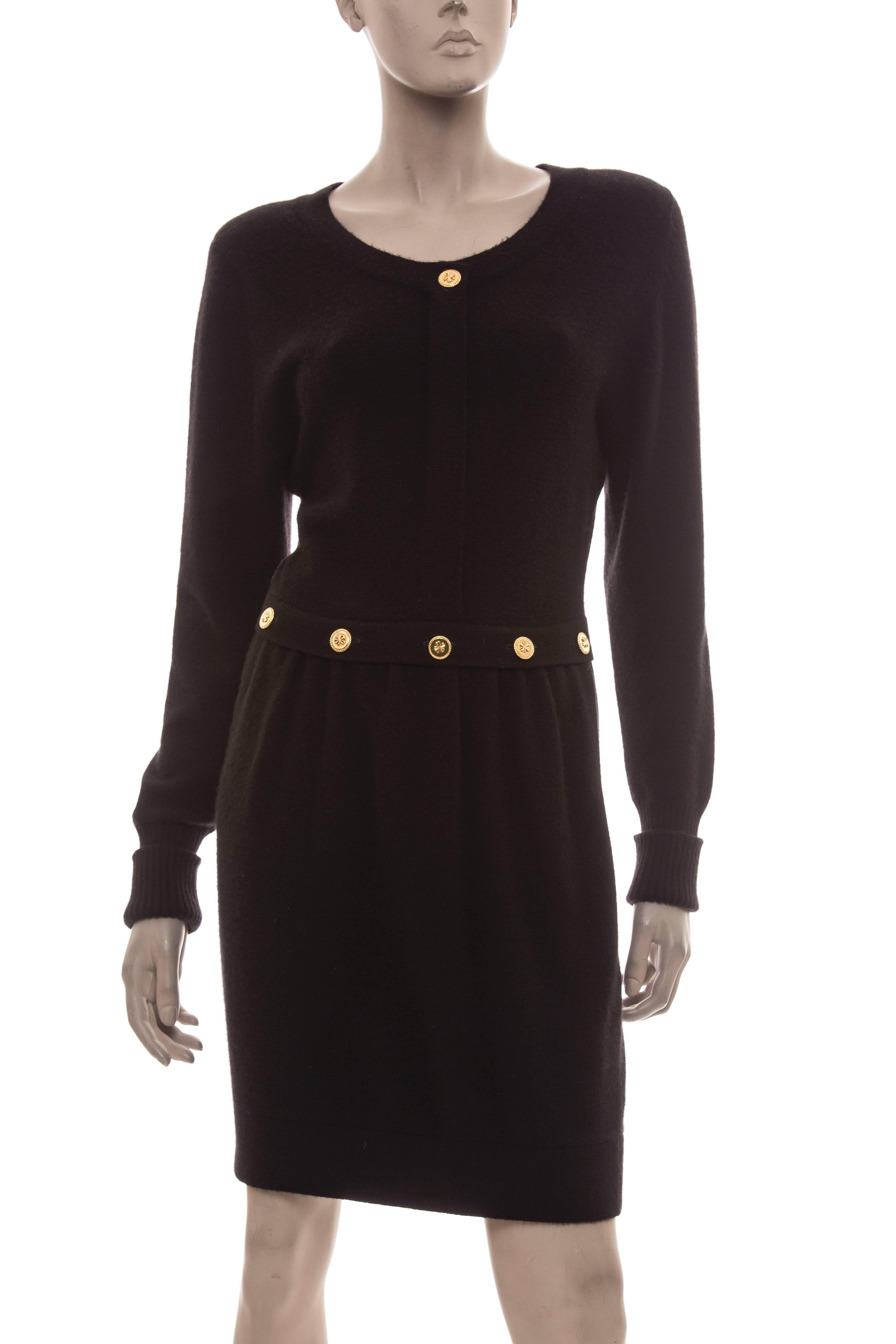Chanel, circa 1980's, black cashmere long sleeve dress with gold-tone buttons.