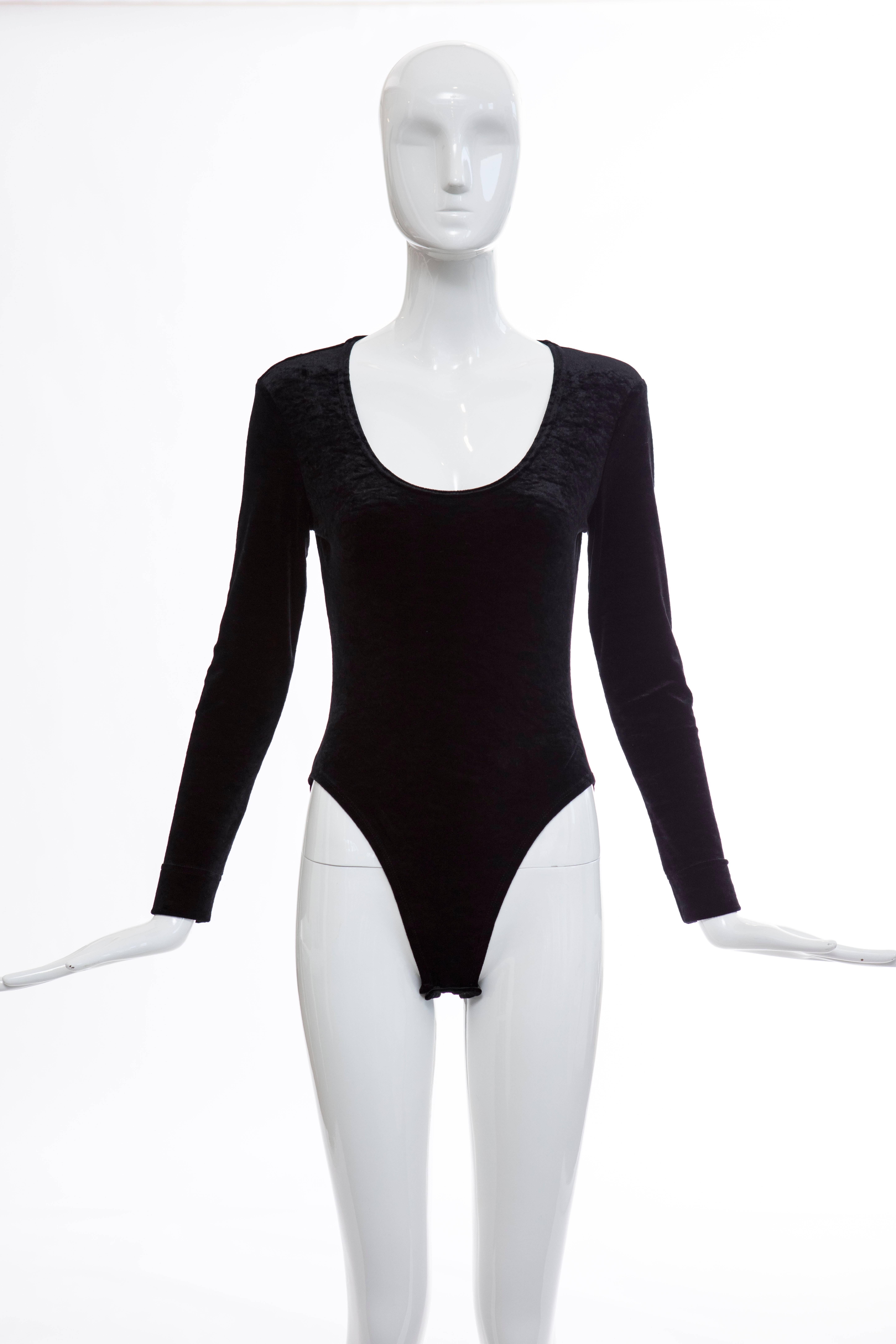 Cheap And Chic by Moschino , early 2000s snap front black nylon spandex velvet bodysuit.

No Size Label

Bust 30" Waist 24", Hips 28" Length 29"