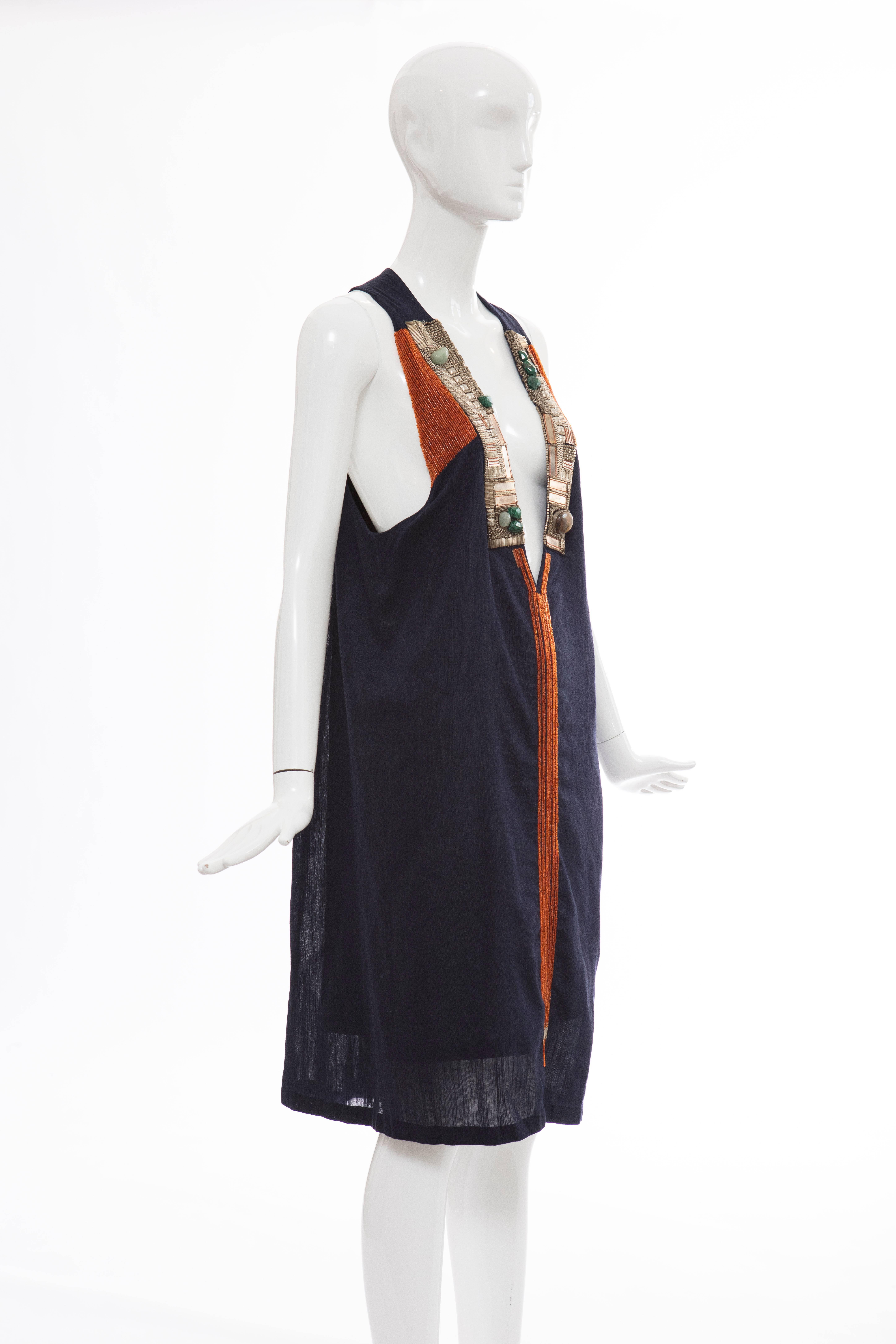 Women's Dries Van Noten Navy Silk Linen Cotton Dress With Bead & Cabachons, Spring 2008