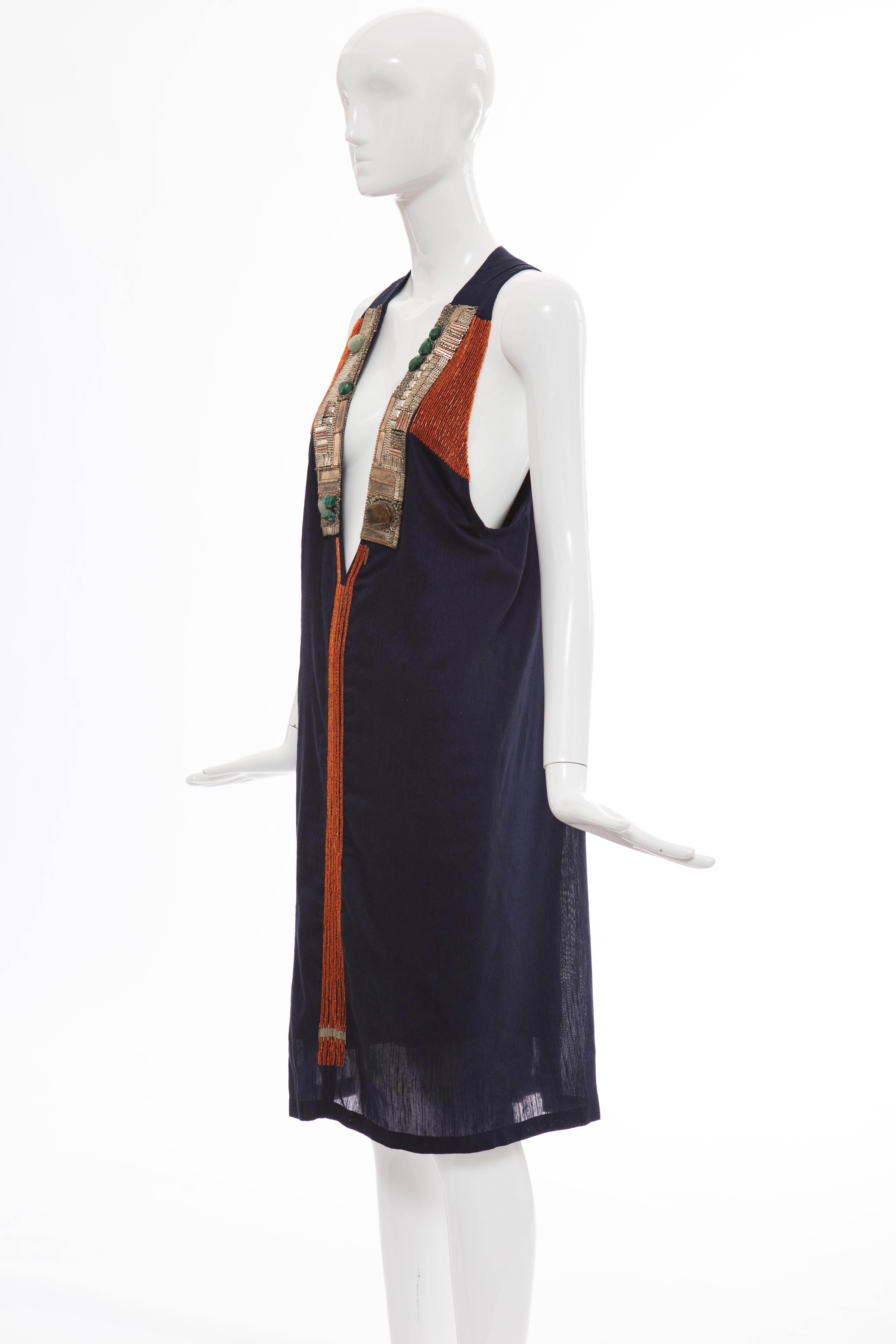 Dries Van Noten Navy Silk Linen Cotton Dress With Bead & Cabachons, Spring 2008 4