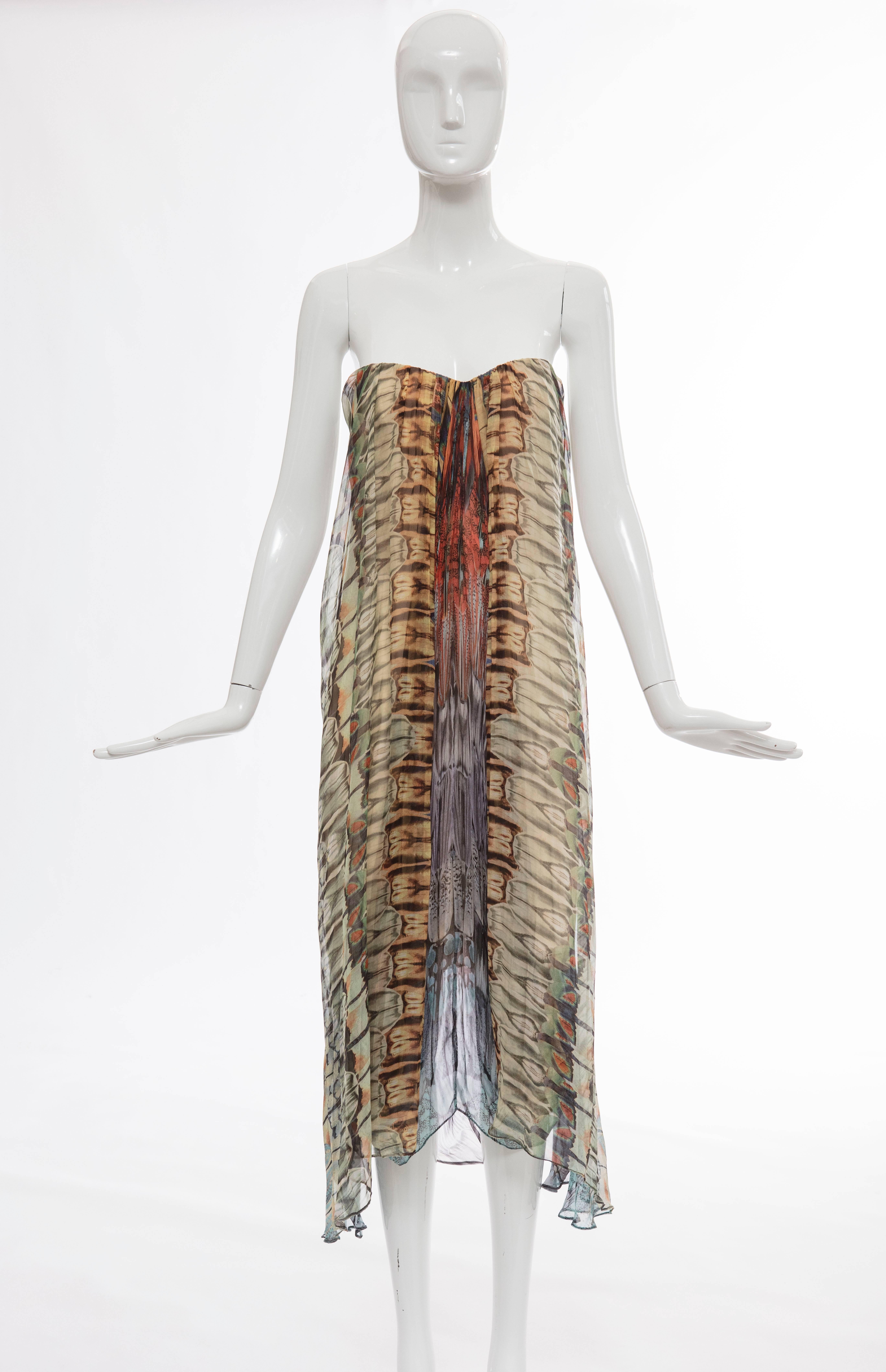 Alexander McQueen, Spring-Summer 2008 butterfly printed silk chiffon strapless evening dress with buit-in brassiere, back zip and lined in silk.

IT. 44
US. 8

Bust 32", Waist 30", Hips 40", Length 40"

