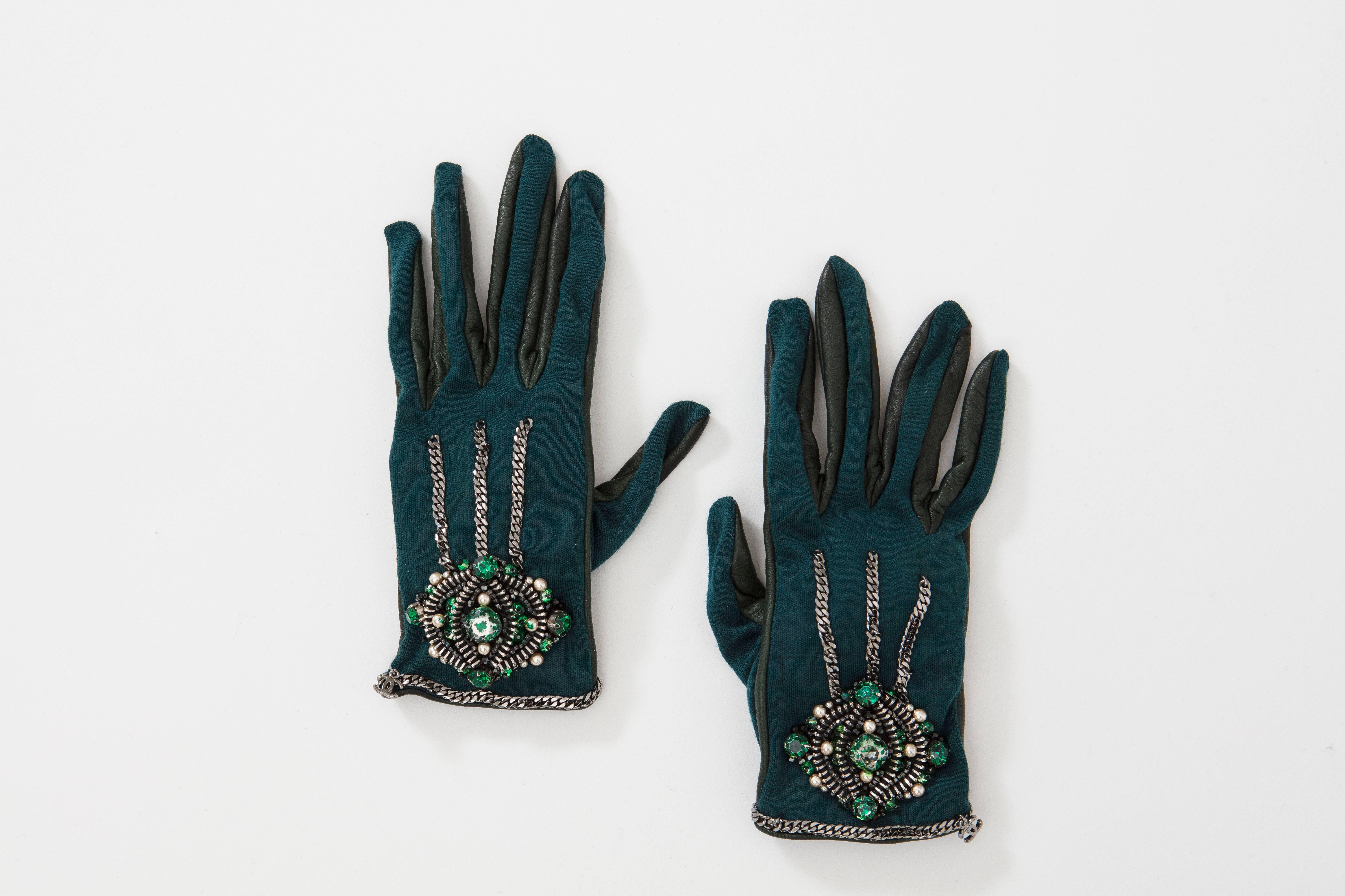 Black Chanel Paris-Londres Collection Emerald Faux Pearls Crystal Gloves, Circa 2007