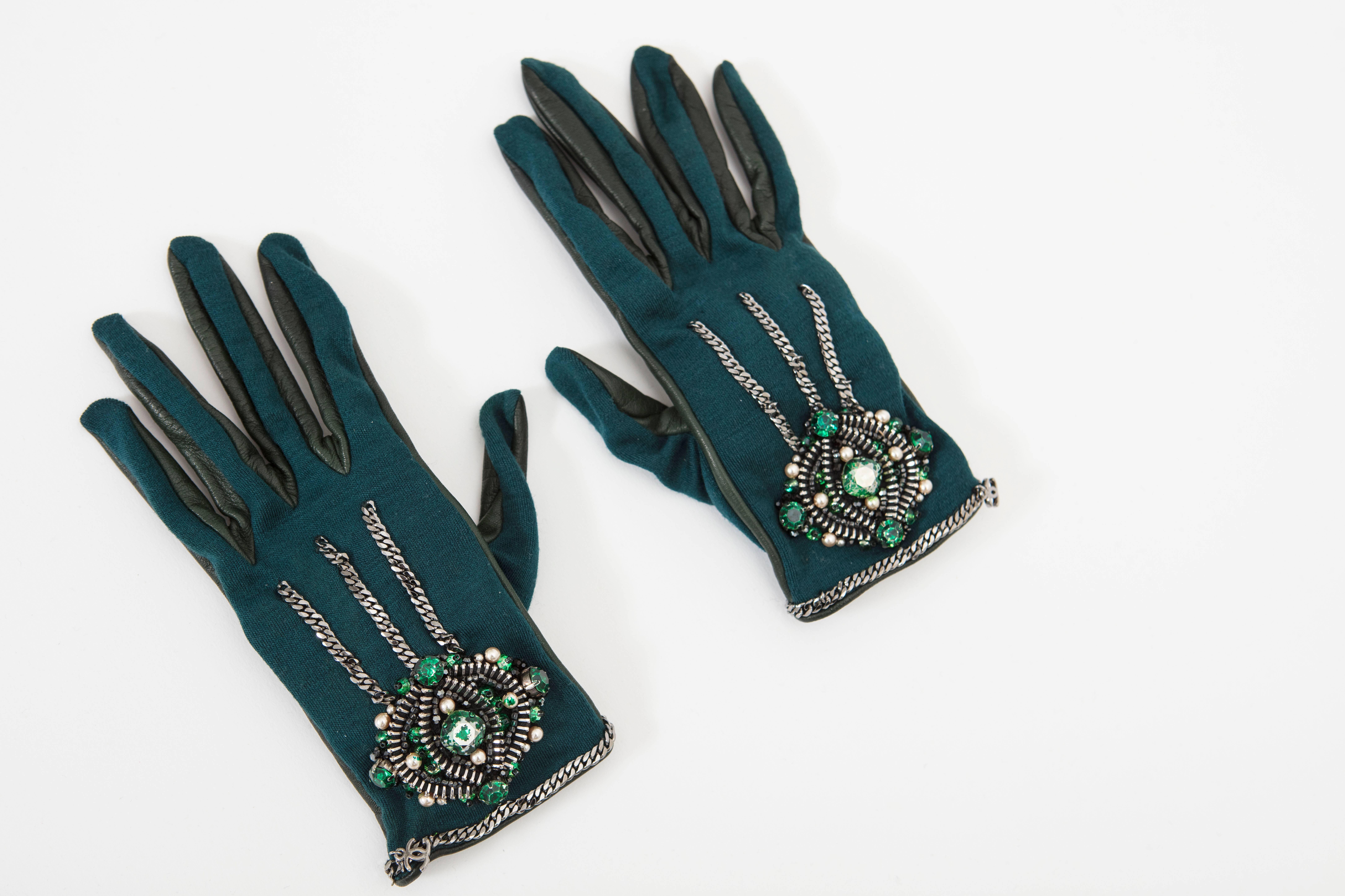 Women's Chanel Paris-Londres Collection Emerald Faux Pearls Crystal Gloves, Circa 2007