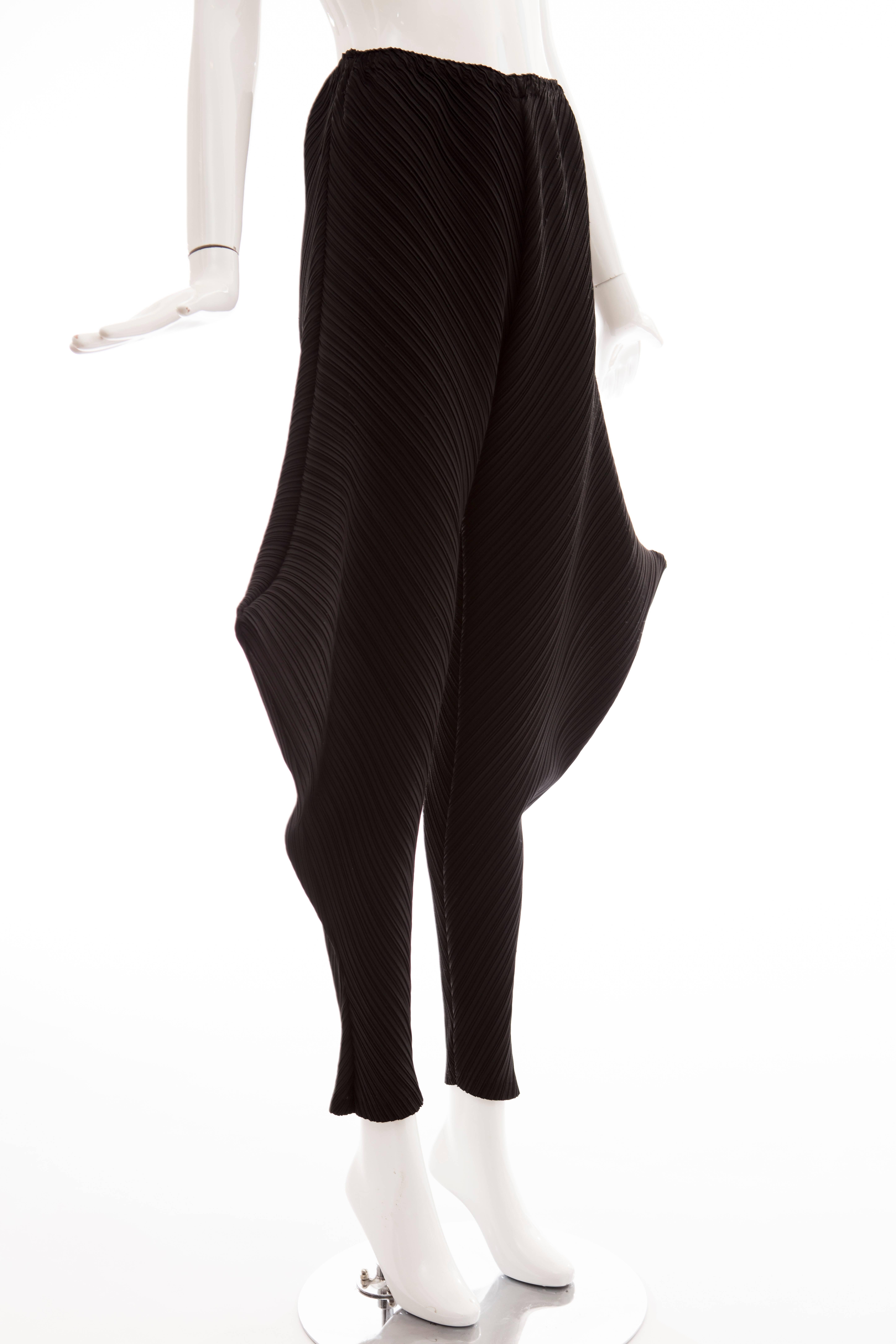 Women's Issey Miyake Black Plissé Pants Side Structured Details, Circa: 1990s