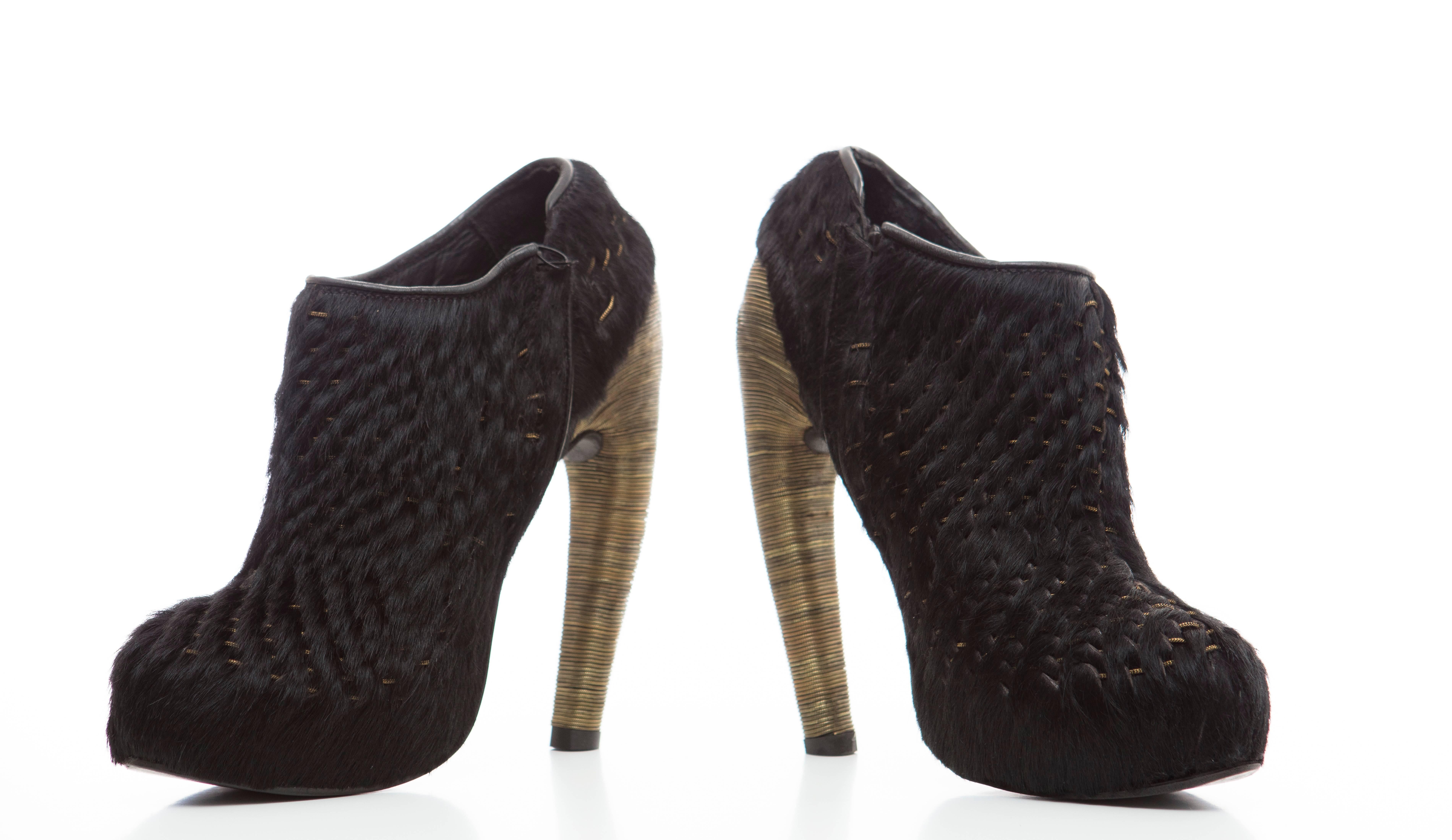 Iris Van Herpen Black Woven Pony Bronze Snake Chain Heel Ankle Boots, Fall 2014 For Sale 1