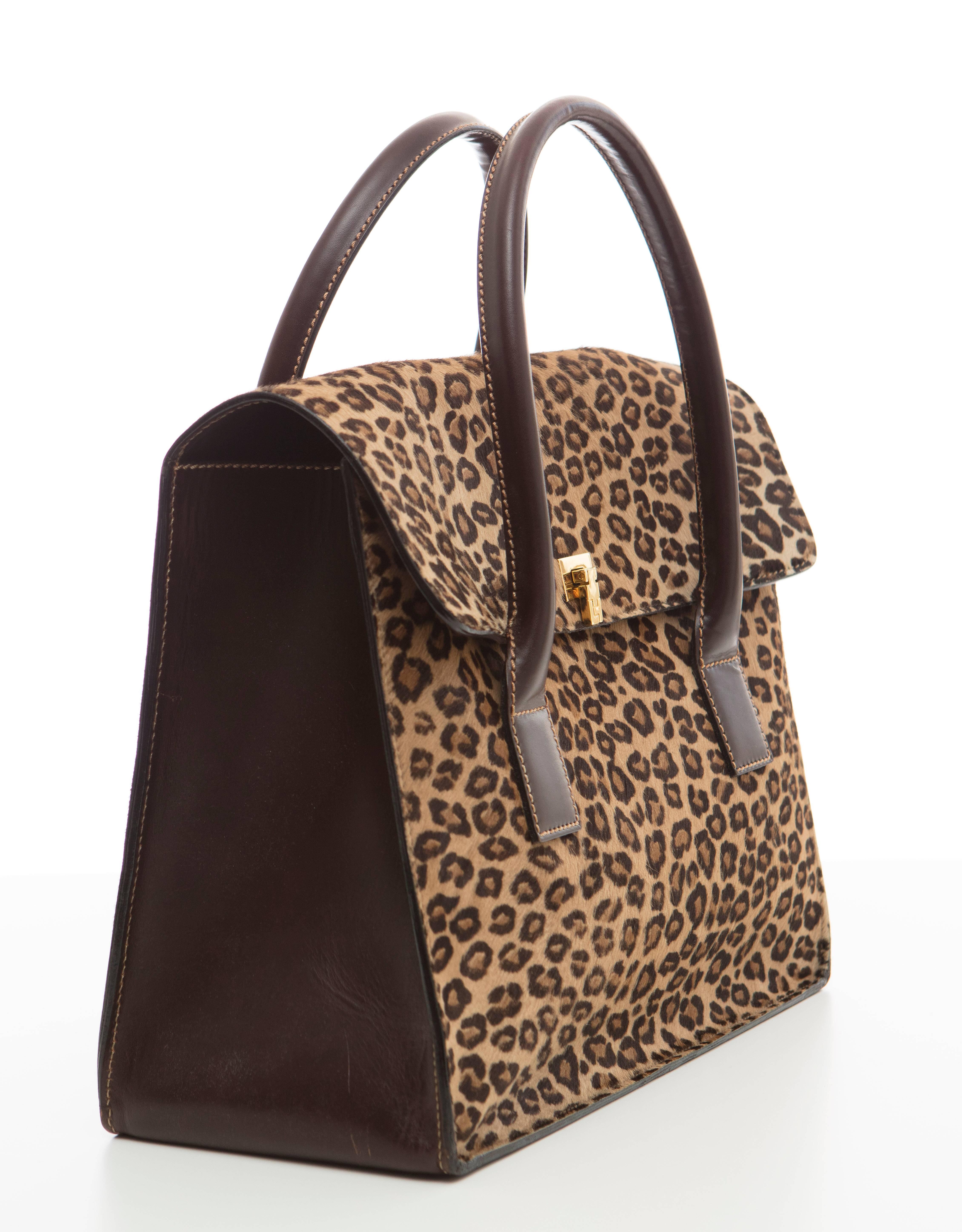 Brown Lambertson Truex Leopard Print Pony Hair Boxcar Handbag, Circa 2006