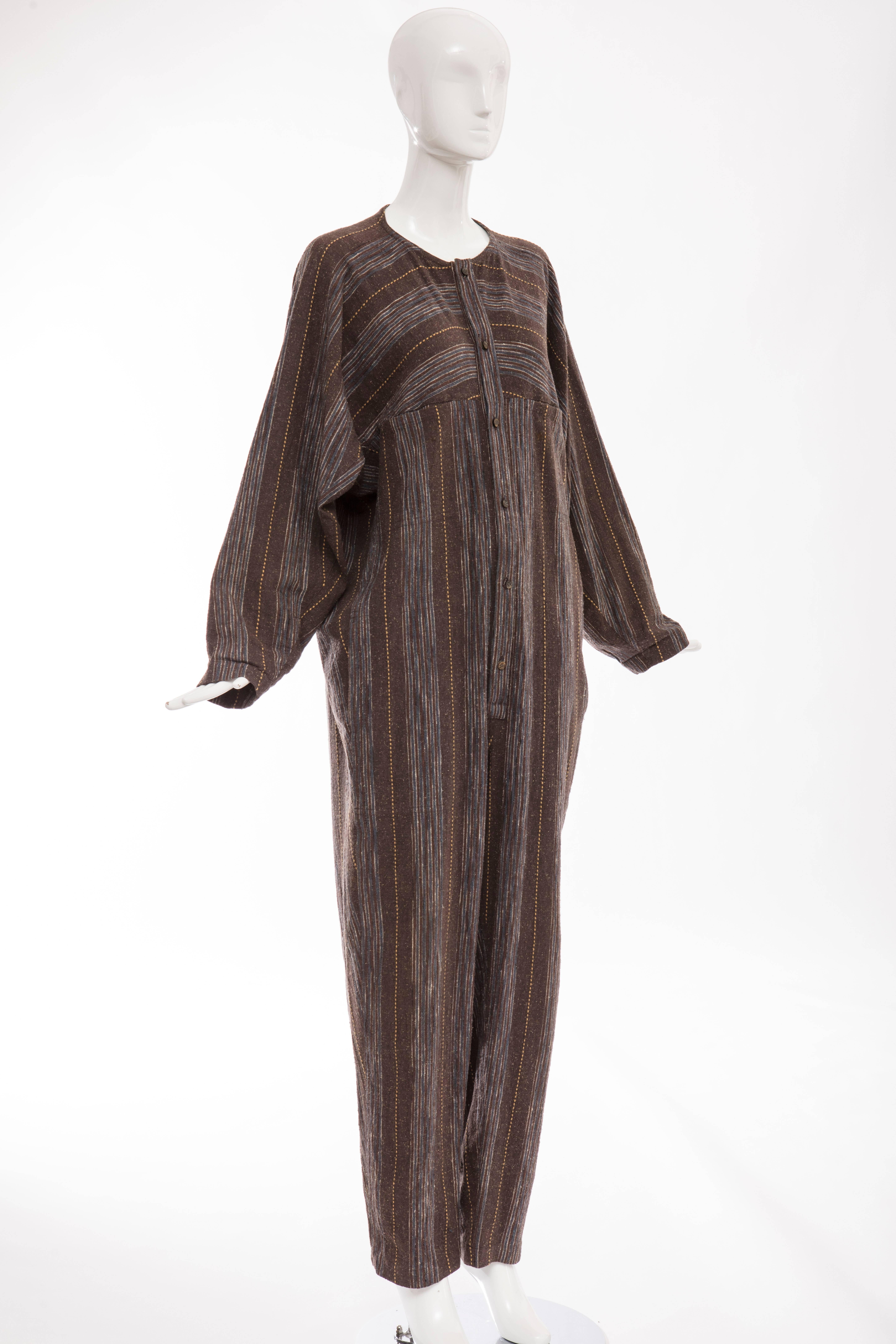 Black Issey Miyake Plantation Striped Woven Cotton Jumpsuit, Circa 1980s For Sale