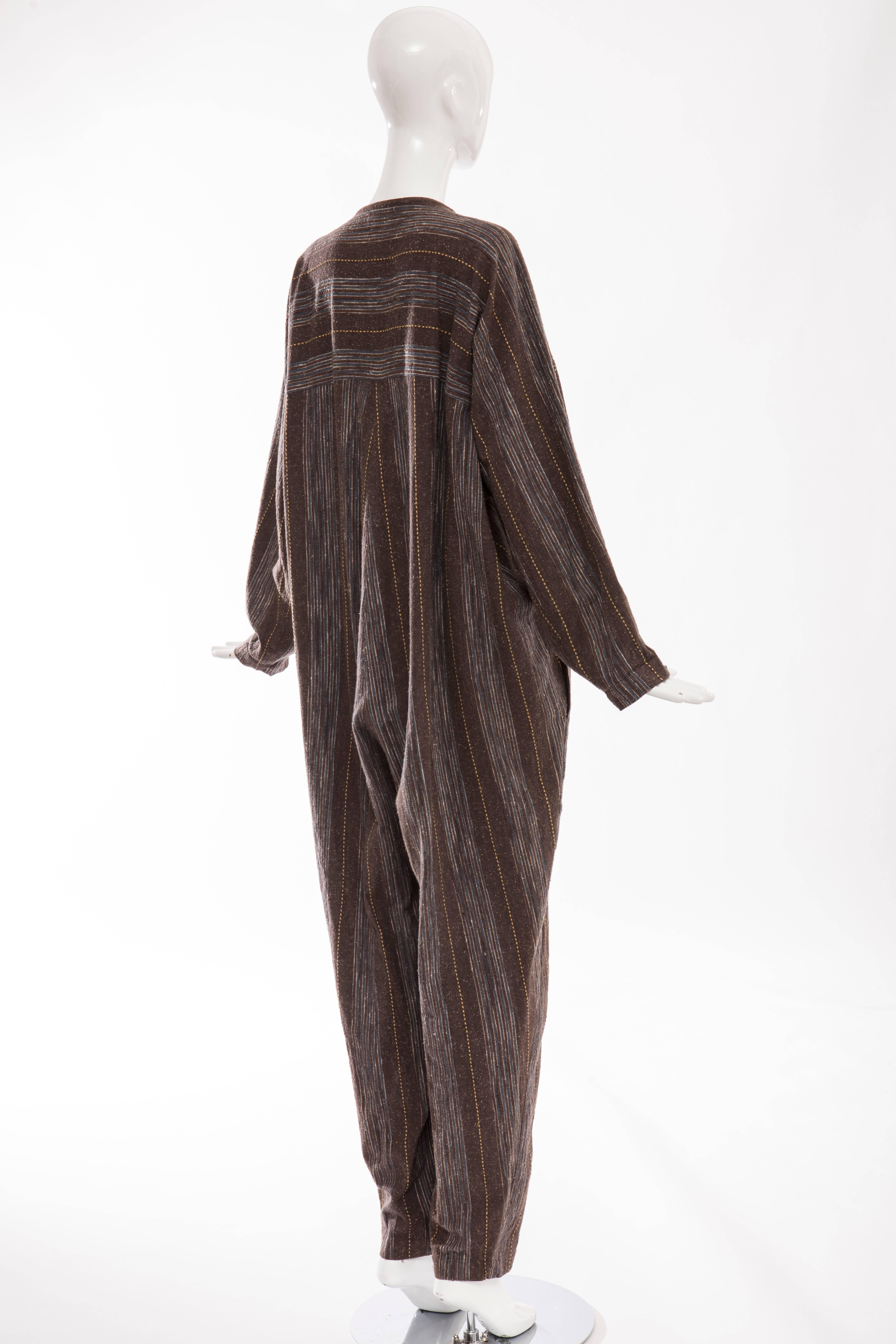 Issey Miyake Plantation Striped Woven Cotton Jumpsuit, Circa 1980s In Excellent Condition For Sale In Cincinnati, OH