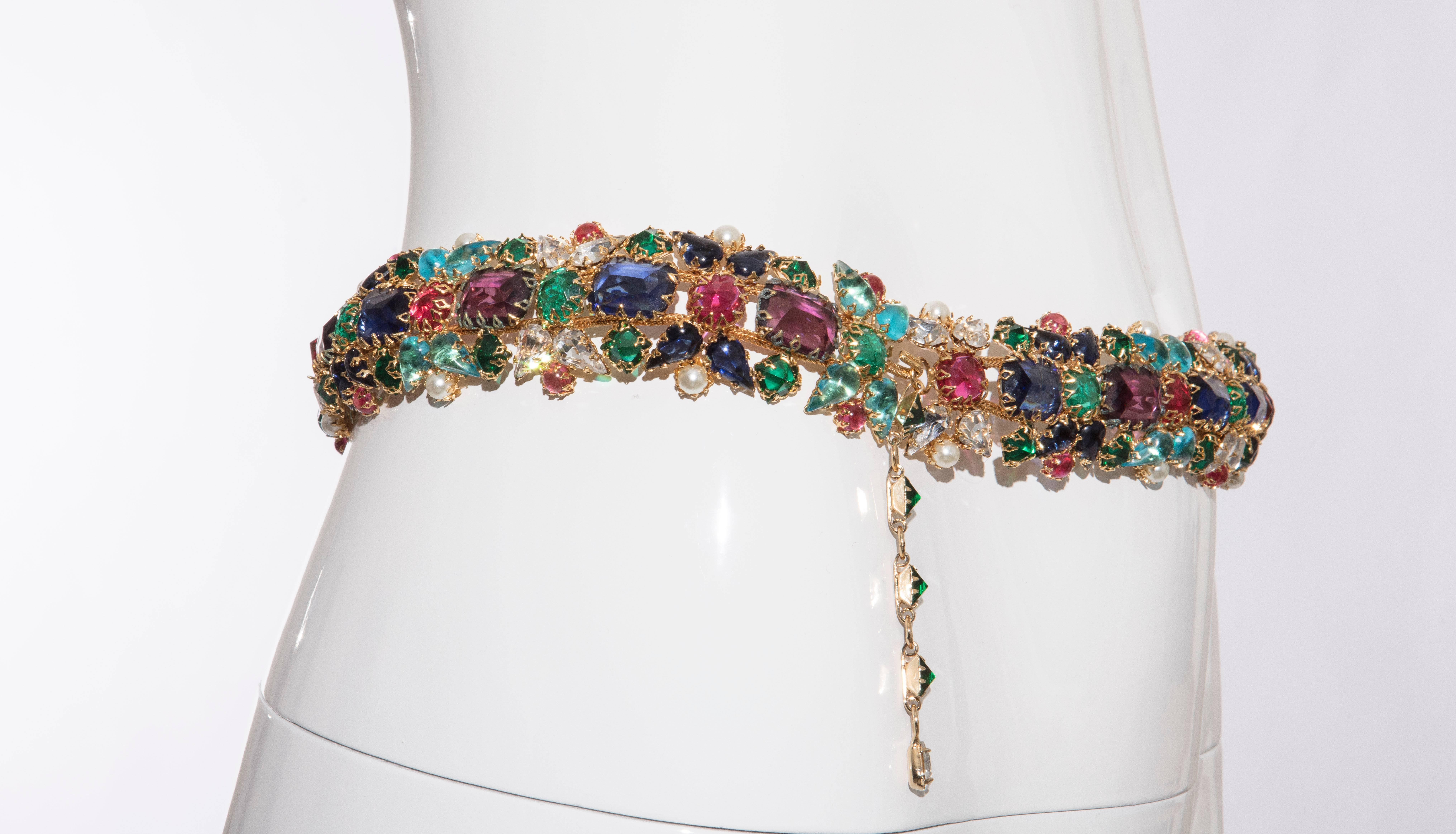 Brown Multifaceted Multicolored Jeweled With Pearls Evening Belt