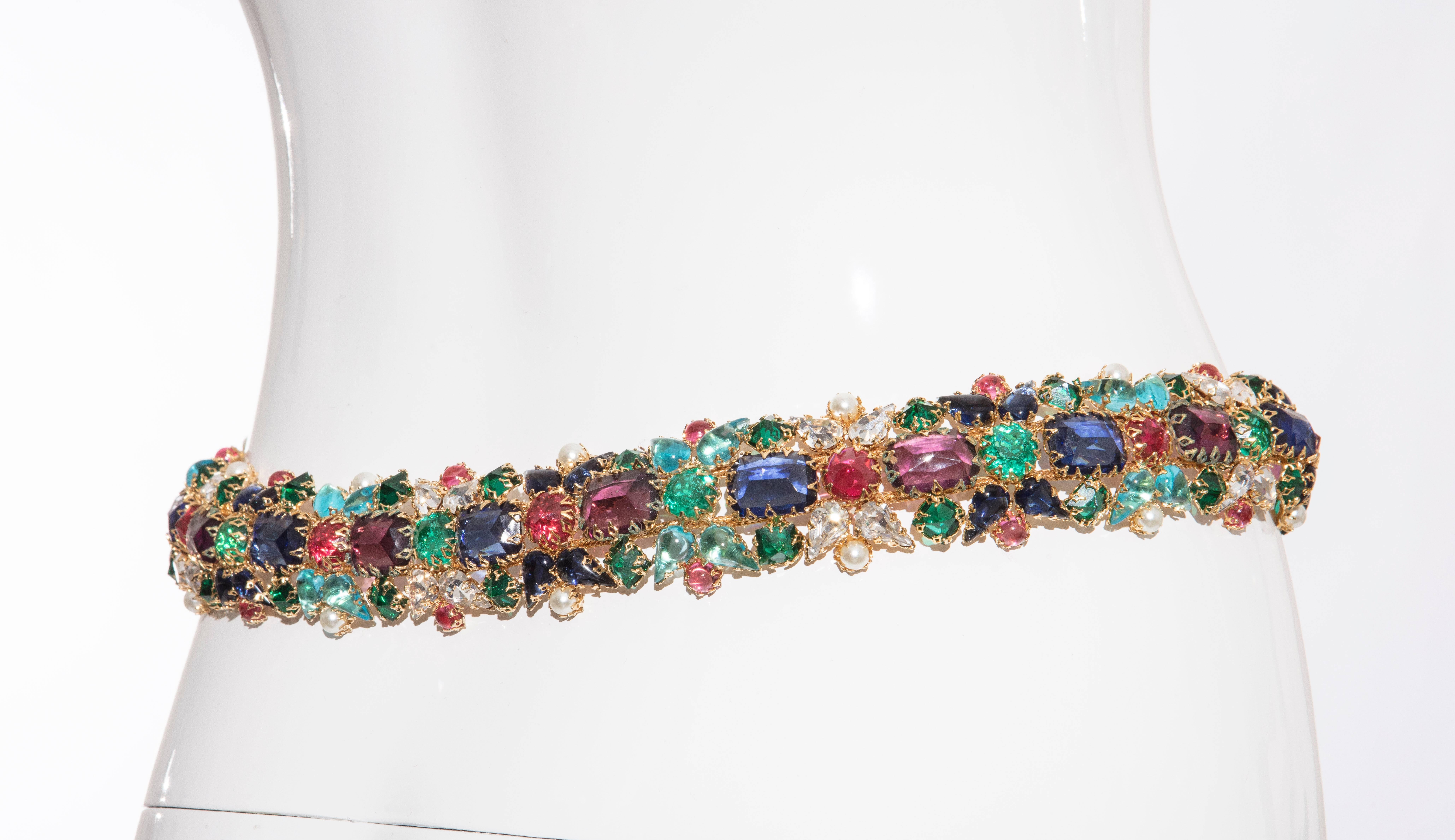 Women's Multifaceted Multicolored Jeweled With Pearls Evening Belt