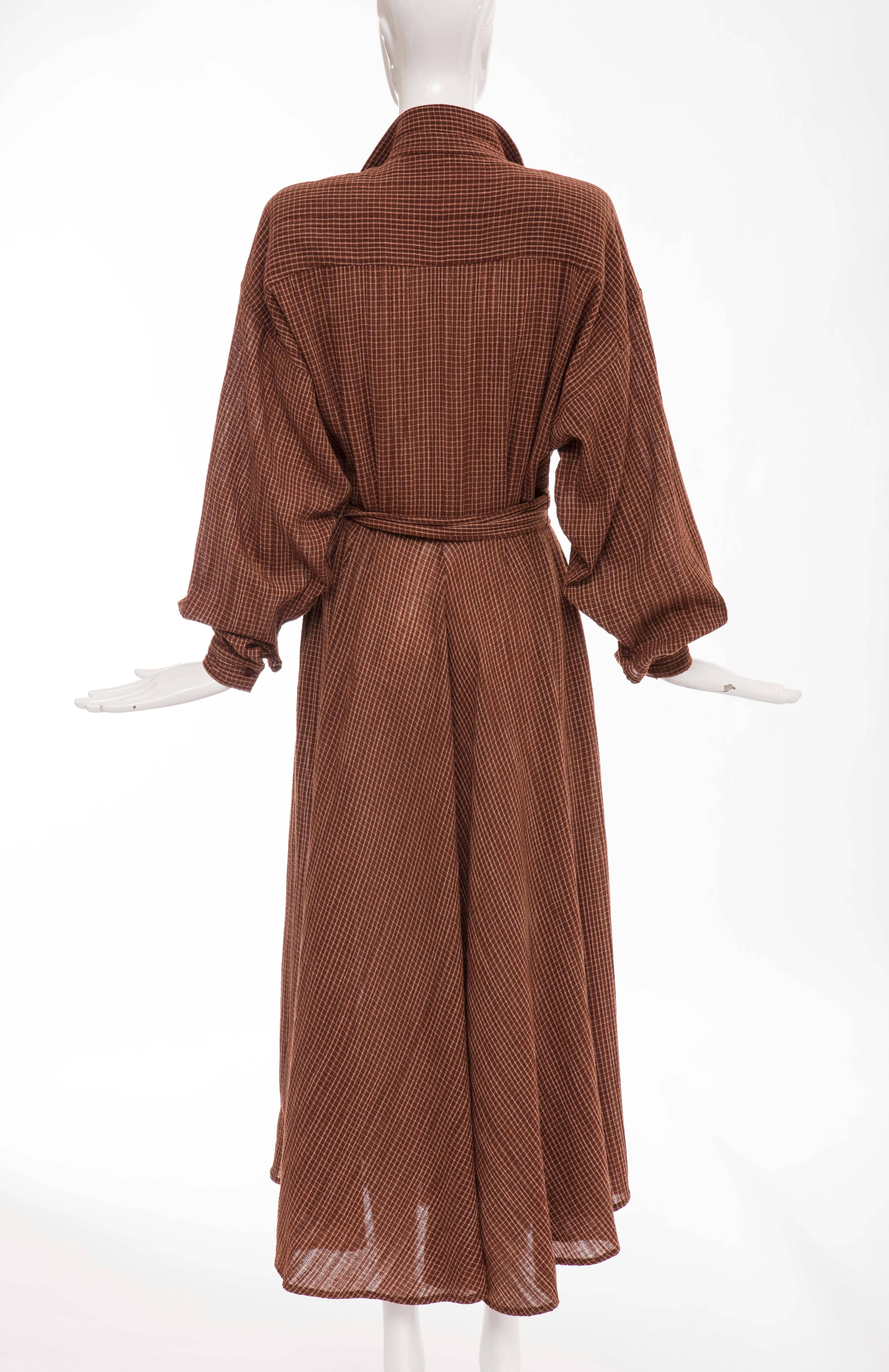 Brown Norma Kamali Terracotta Cotton Gauze Windowpane Check Dress, Circa 1980's