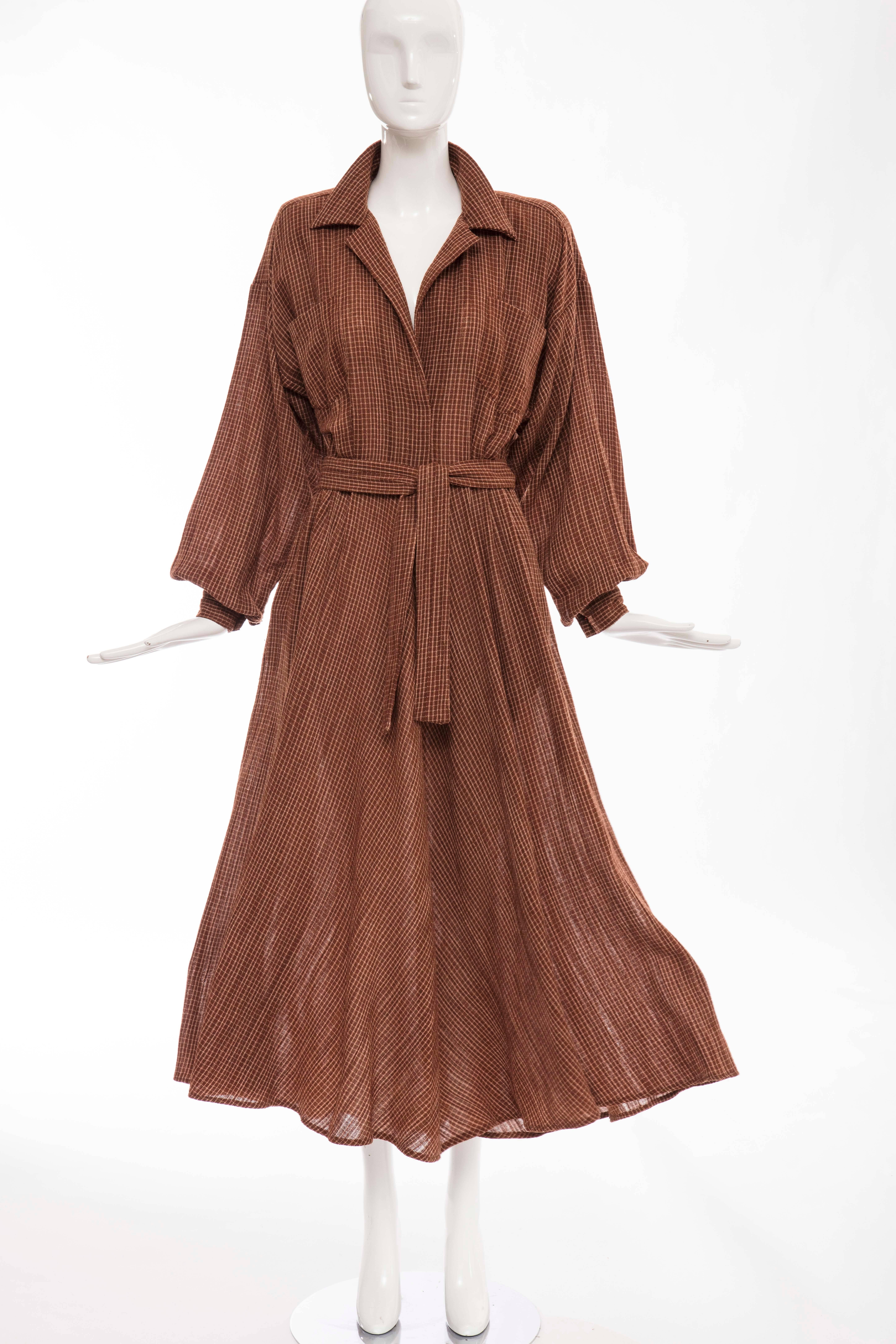 Norma Kamali Terracotta Cotton Gauze Windowpane Check Dress, Circa 1980's 4