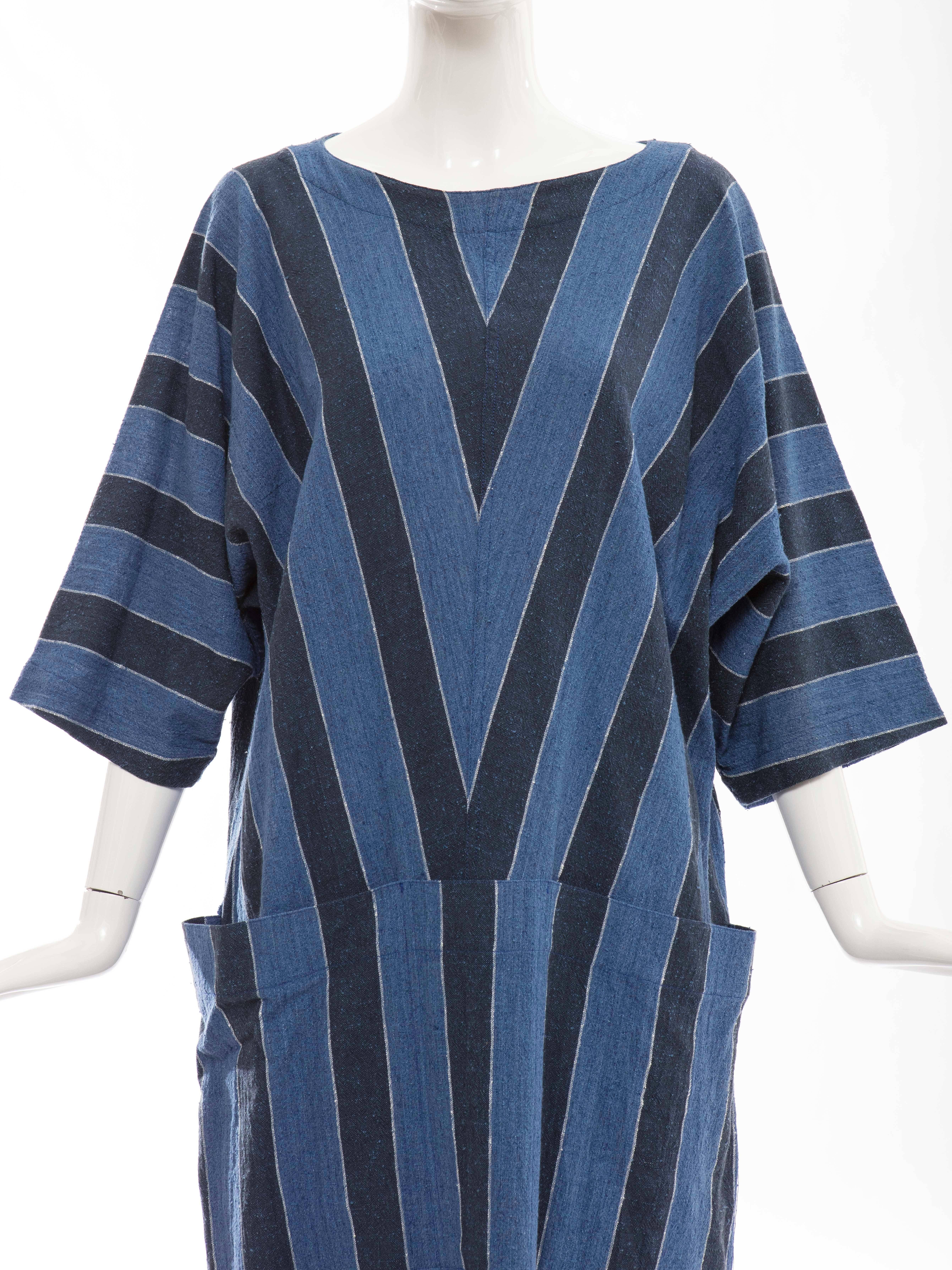 Blue Issey Miyake Plantation Woven Cotton Dress, Circa: 1980's For Sale