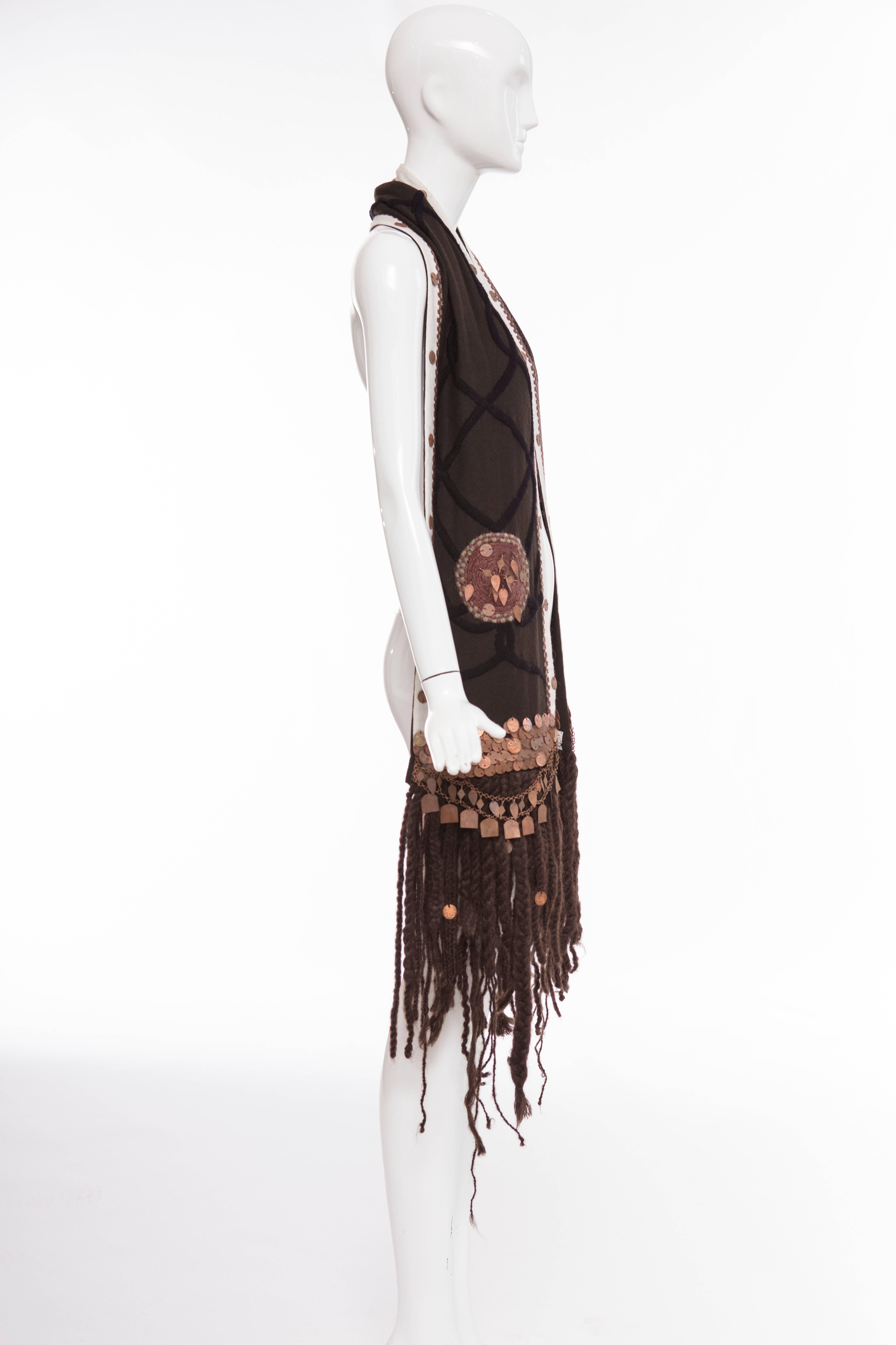 Black Dries Van Noten Runway Embroidered Wool Scarf Antiqued Copper-Coin, Fall 2002 For Sale