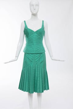 Zac Posen Green Silk Moiré Pleated Skirt Suit, Fall 2005
